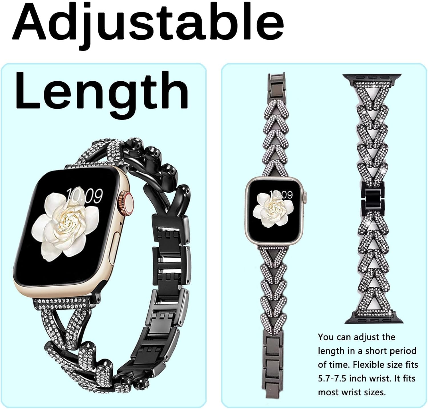 Miimall Correa compatible con Apple Watch con purpurina de 1.49, 1.57, 1.61, 1.77, 1.73, 1.65 y 1.73 pulgadas, acero inoxidable con diamantes de