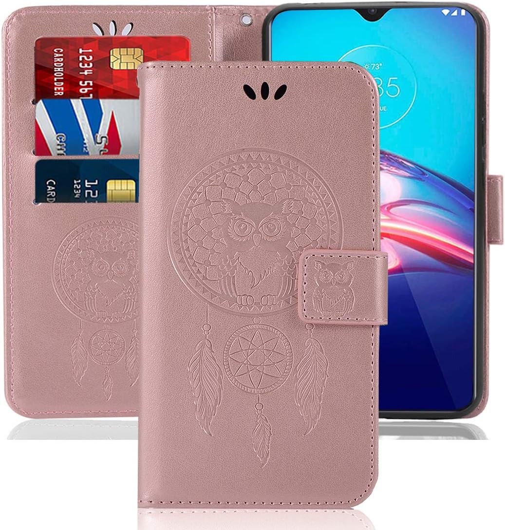 Funda para Moto E 2020, Motorola E 2020 con tarjetero correa para la muñeca Funda de piel sintética con tapa para Motorola Moto E 2020 (oro rosa)