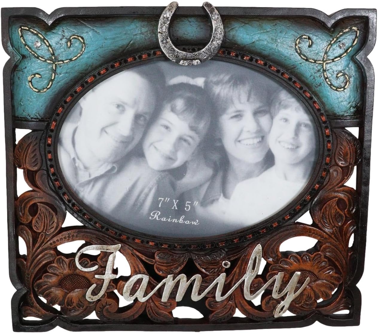 Ebros Gift Rustic Western Family – Marco de fotos de piel sintética turquesa y resina de madera tallada, 7 x 5 pulgadas, con caballete trasero,