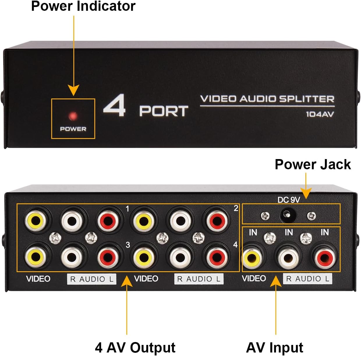 Divisor RCA de 4 vías, 1 en 4 salidas AV Splitter, Audio Compuesto Video LR Caja de distribución para DVD DVR HDTV Monitor PC