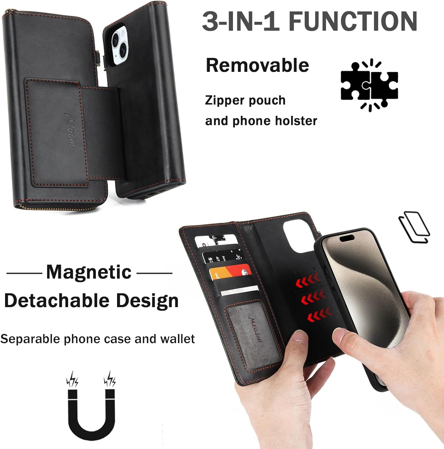QIXIU Funda tipo cartera para iPhone 15 Plus, multifunción, desmontable, 3 en 1, funda magnética para teléfono, con correa abatible, cremallera y