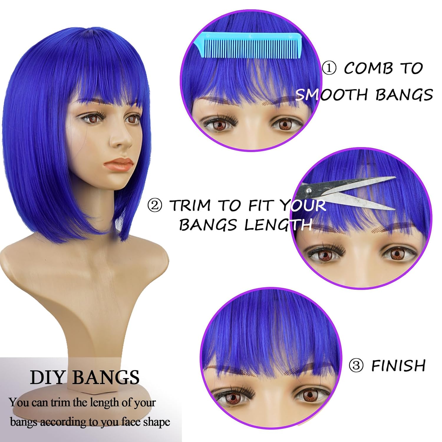Peluca corta azul Bob con flequillo, 12 pulgadas, peluca sintética de moda natural para mujer, bonita peluca sintética de colores para fiesta