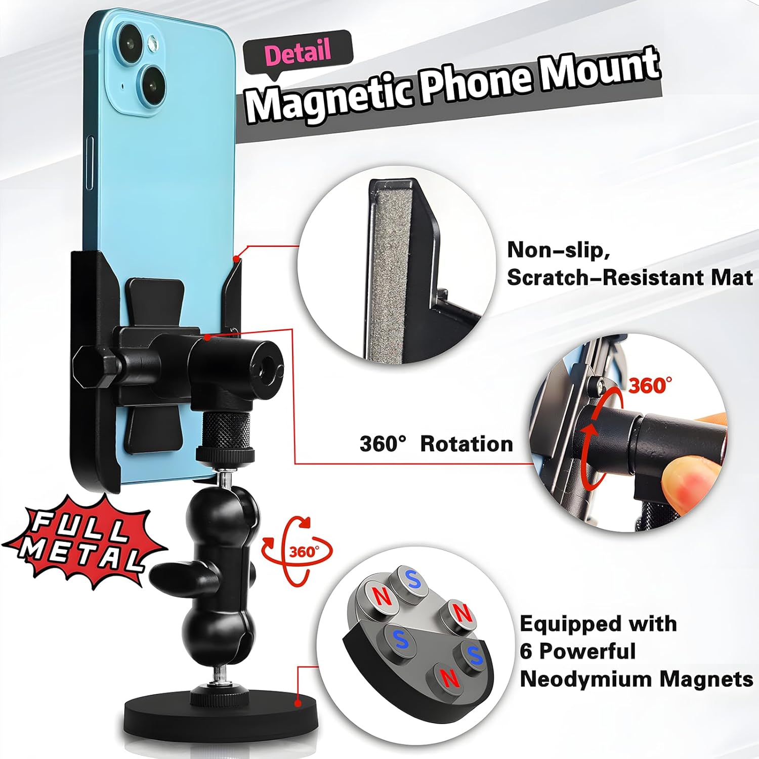 Soporte magnético de metal para teléfono con soporte de grabación de video, soporte para teléfono de gimnasio, atrae a cualquier superficie de metal