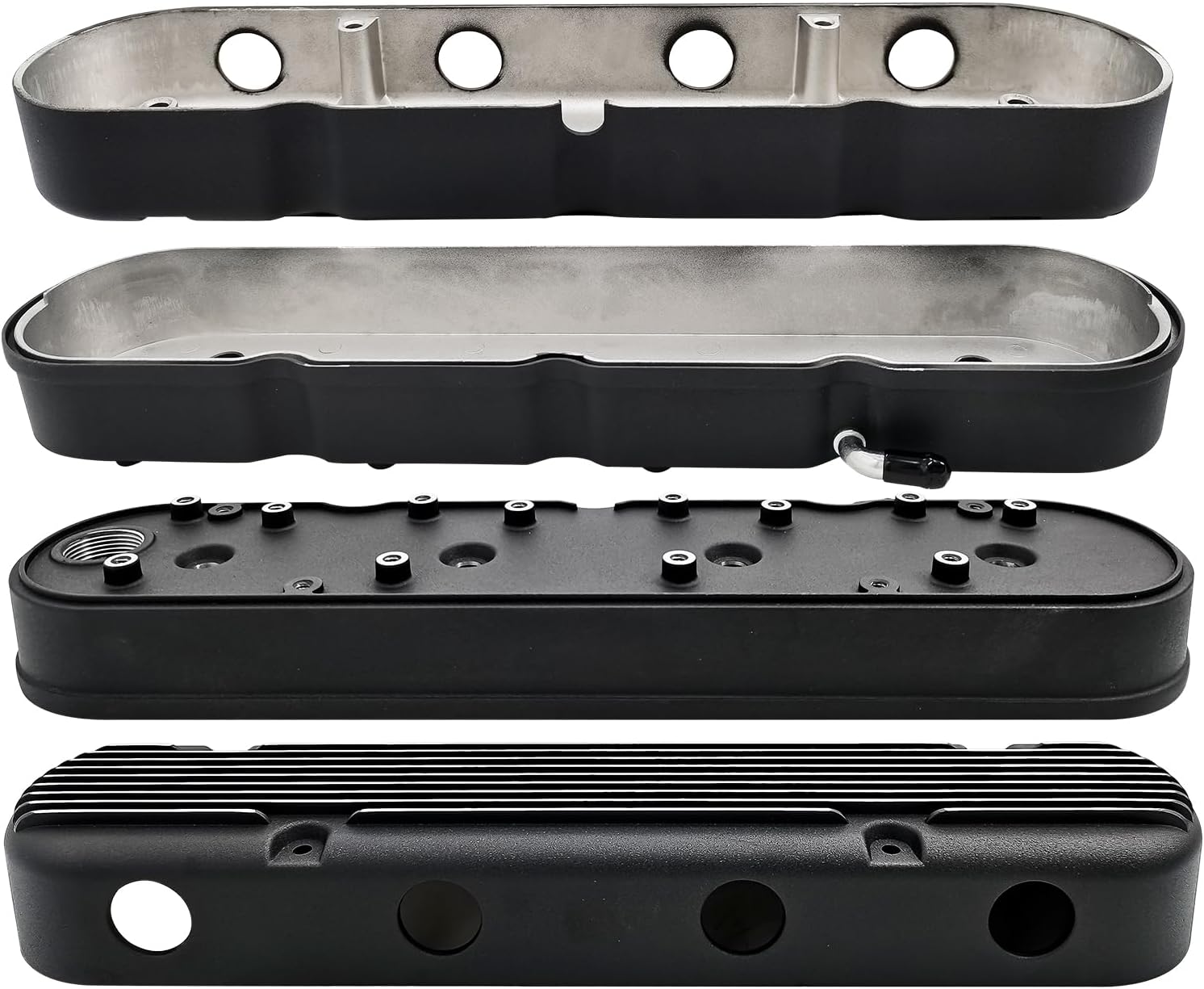 Cubiertas de válvula de aluminio con aletas negras con soportes de bobina y cubierta compatibles con LS1 LS2 LS3 LS6 LS7 Chevy Small Block V8 293