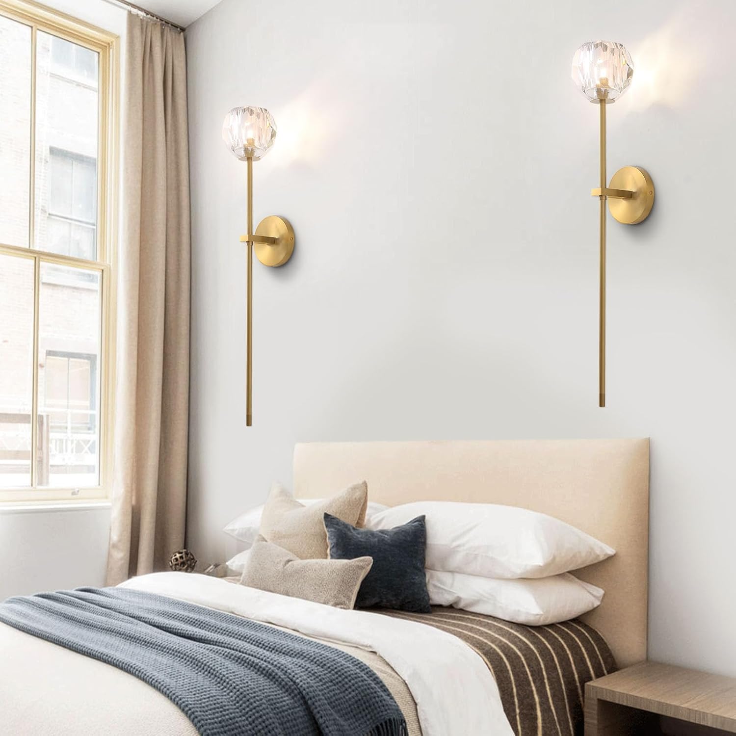 CROSSIO Modern Crystal Wall Sconce Long Strip Brass Wall Mounted Light for Living Room Bedroom Hallway