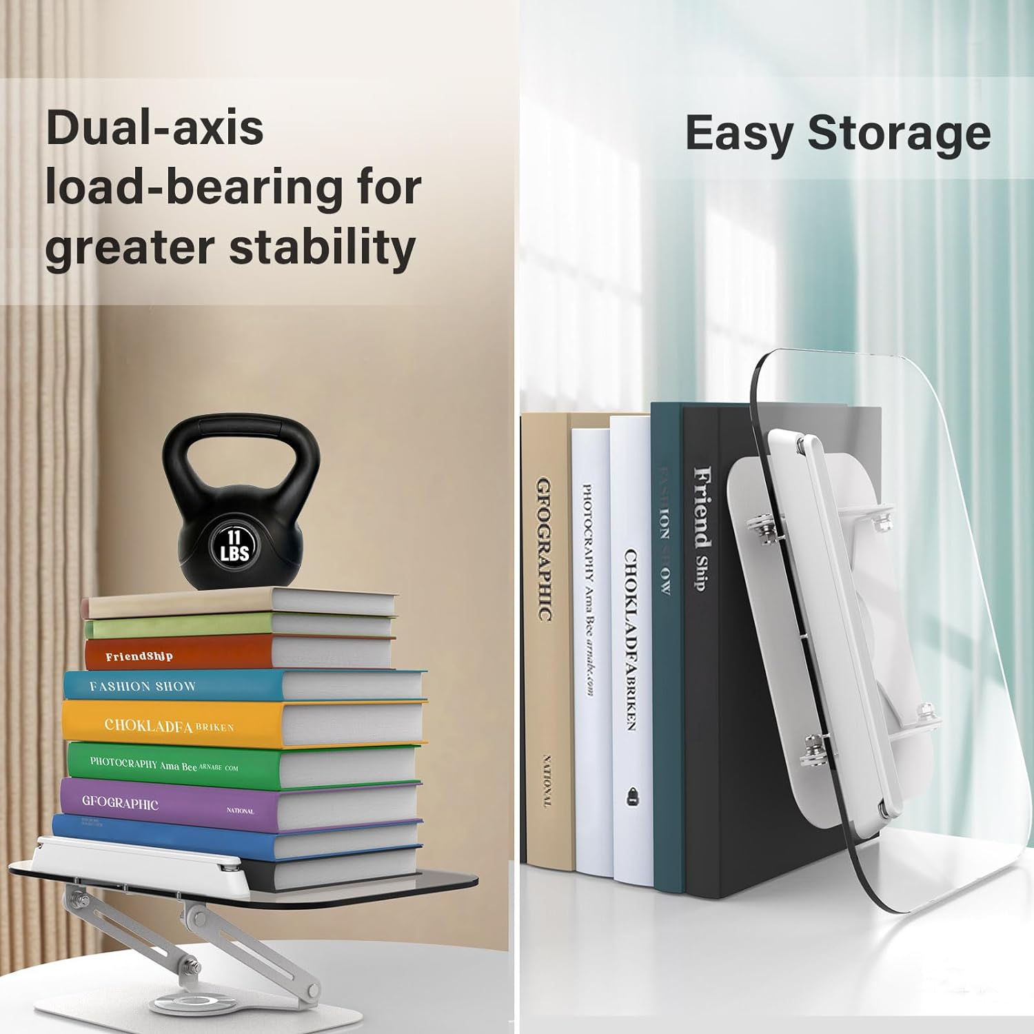 Soporte de acrílico para lectura, soporte ajustable para libros con base giratoria de 360 y clips elásticos para páginas, soporte elevador de