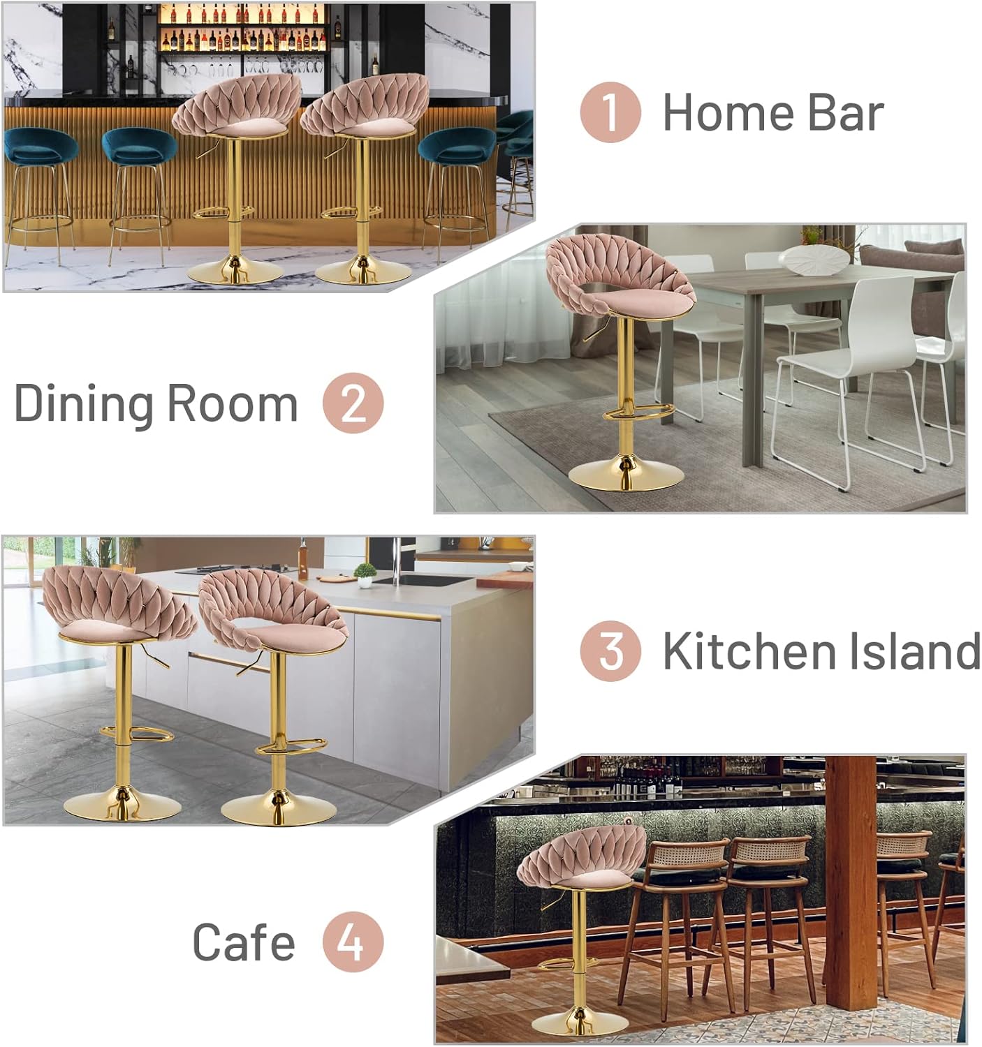 Moderno juego de 2 taburetes de bar giratorios de terciopelo, cómodos taburetes de bar ajustables con respaldo curvado tejido a mano, patas doradas