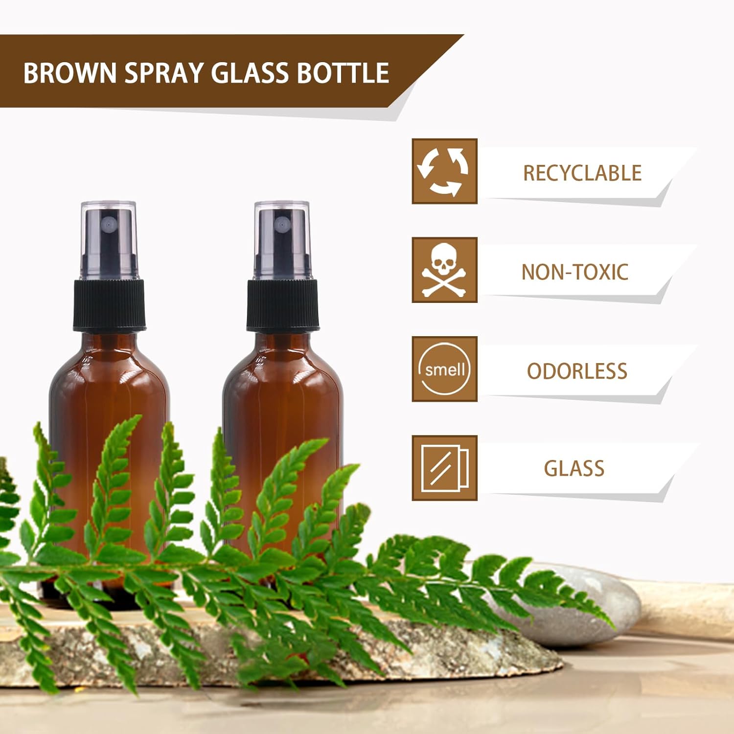 Omawrf 6 botellas rociadoras de vidrio ámbar Boston para aceites esenciales, botella vacía pequeña de niebla fina de 2 onzas con botellas