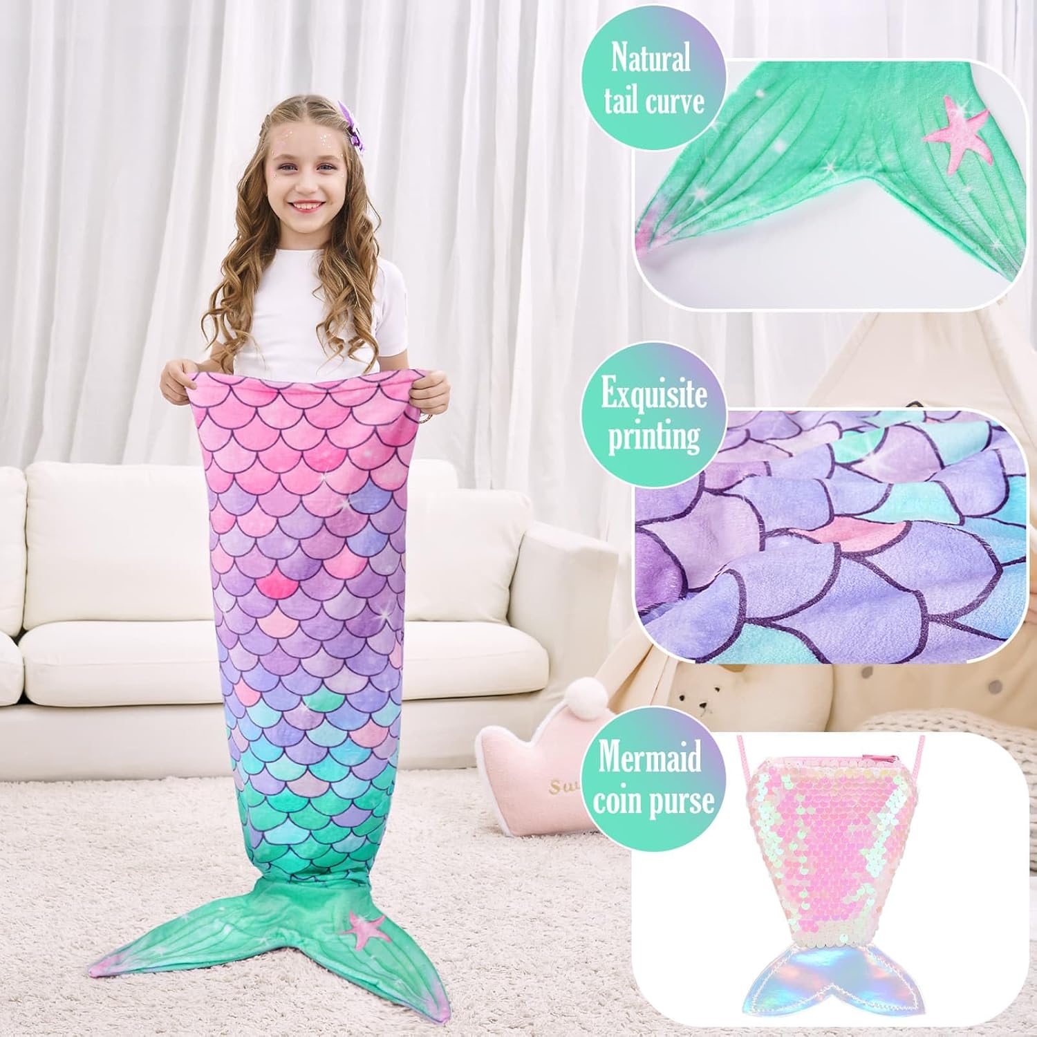 Manta de cola de sirena para niñas y niños, manta de sirena con monedero, manta de franela suave para acurrucarse, juego de regalo de cumpleaños