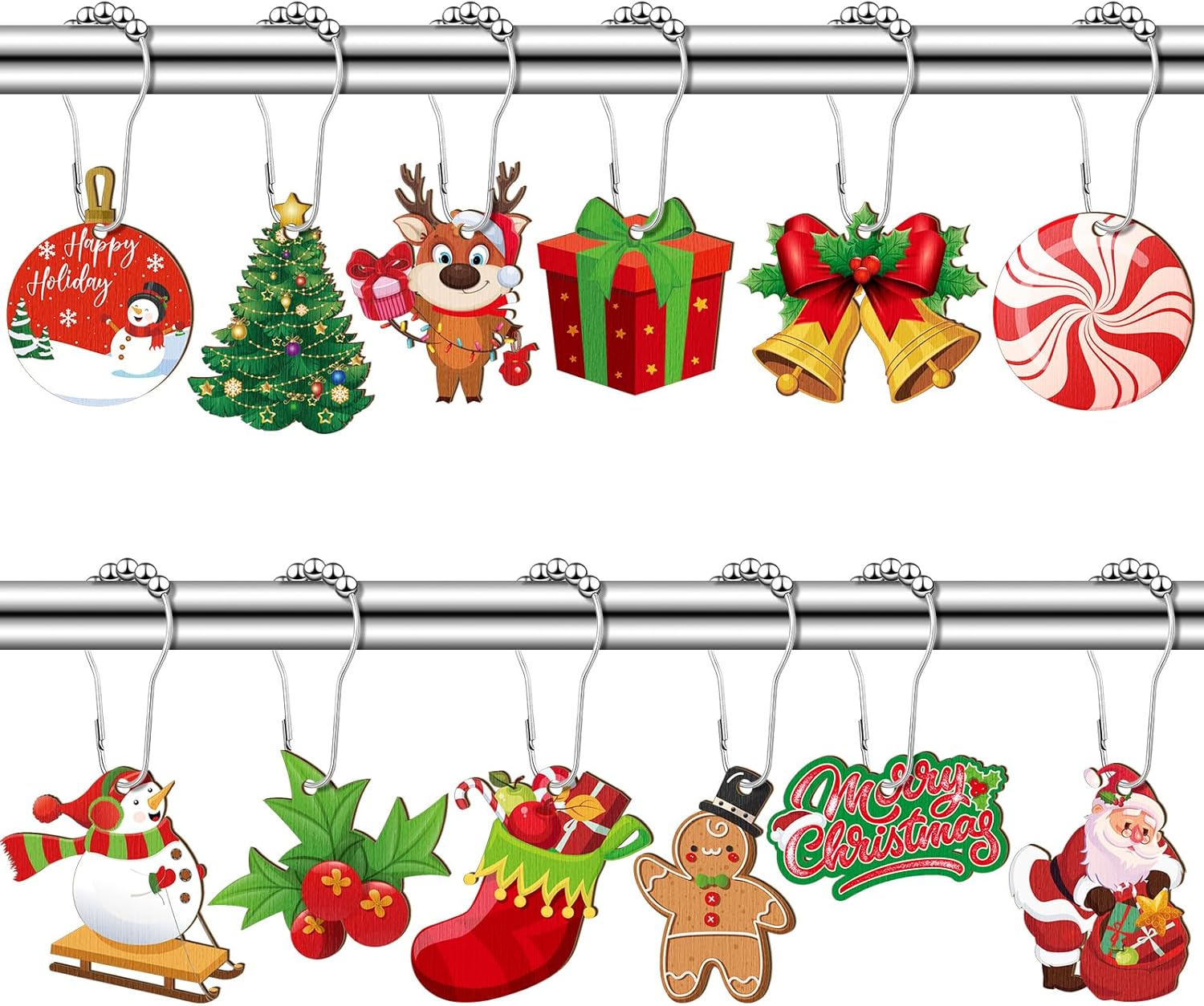 Juego de 24 ganchos de cortina de ducha de Navidad, anillos decorativos de Papá Noel, muñeco de nieve, árbol de nieve, ganchos resistentes a la