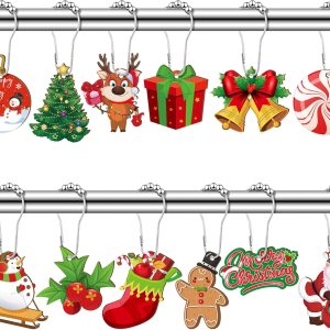 Juego de 24 ganchos de cortina de ducha de Navidad, anillos decorativos de Papá Noel, muñeco de nieve, árbol de nieve, ganchos resistentes a la Juego de 24 ganchos de cortina de ducha de Navidad, anillos decorativos de Papá Noel, muñeco de nieve, árbol de nieve, ganchos resistentes a la
