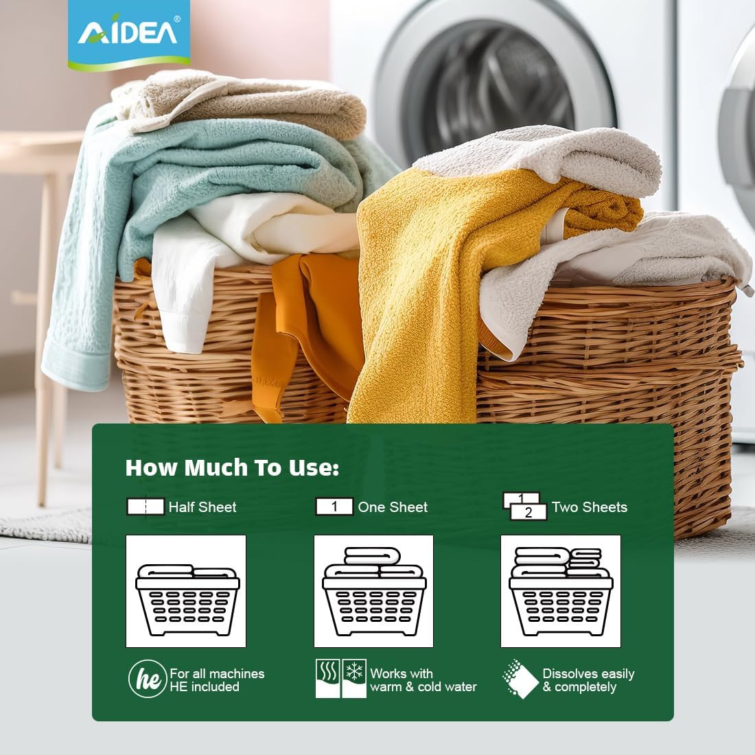 AIDEA Hojas de detergente para ropa, aroma fresco (100 cargas), 50 hojas, detergente ecológico e ingredientes naturales, sin jarra de plástico,