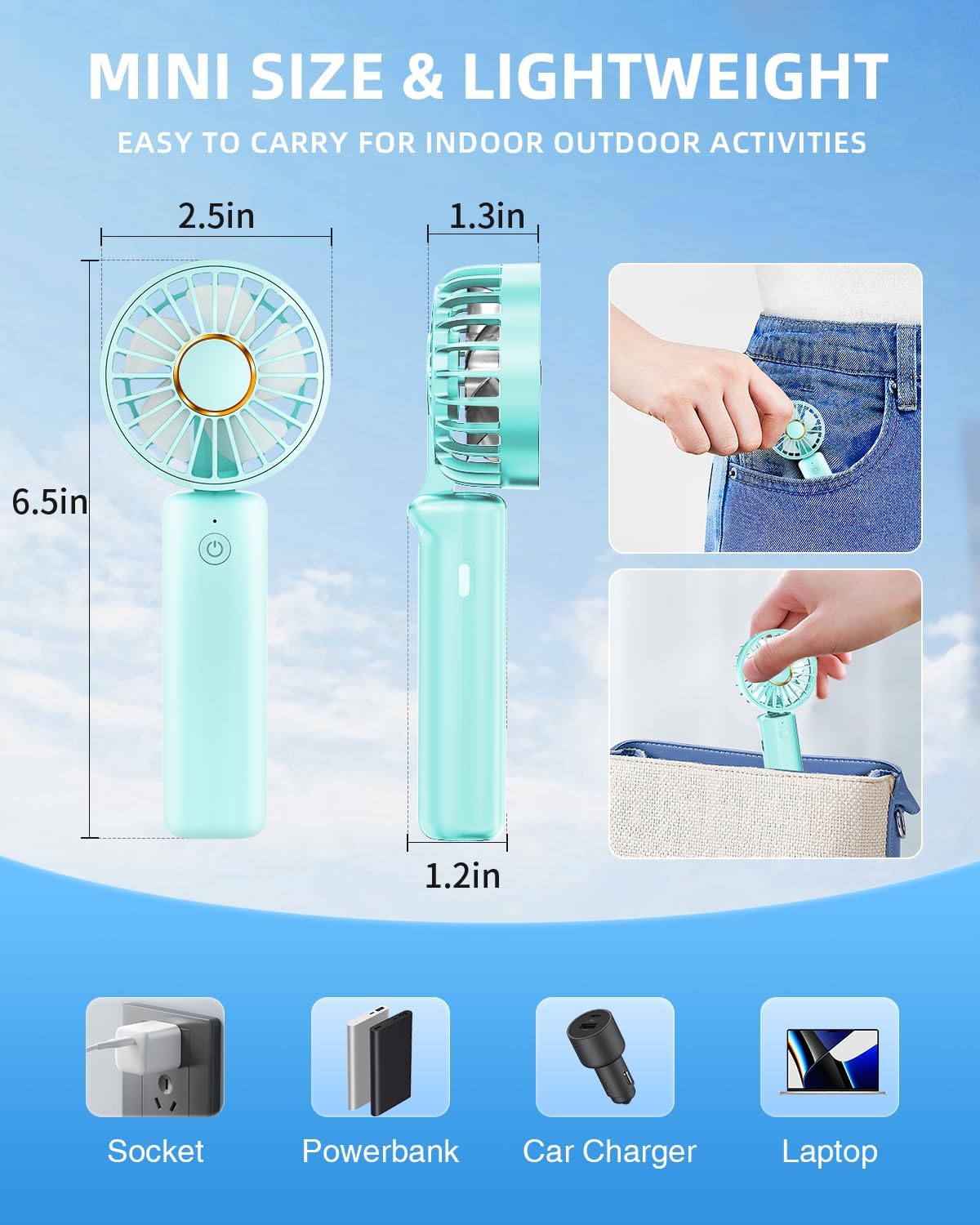 Mini ventilador portátil, pequeño ventilador de mano recargable por USB de 2000 mAh, ventilador de escritorio ajustable de 180, 3 velocidades, ultra