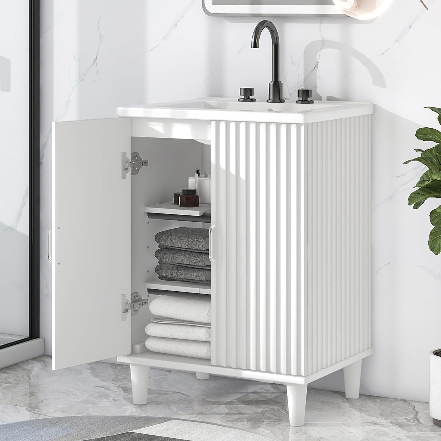 P PURLOVE Mueble de baño de 24 pulgadas con fregadero, armario de almacenamiento de baño con dos puertas y estantes ajustables, moderno juego de