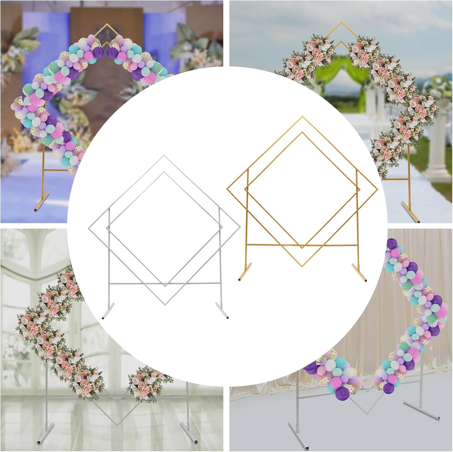 Soporte de arco de metal grande de 6.8 pies para ceremonia de boda, arco geométrico de boda, marco de soporte de flores con base resistente, fácil