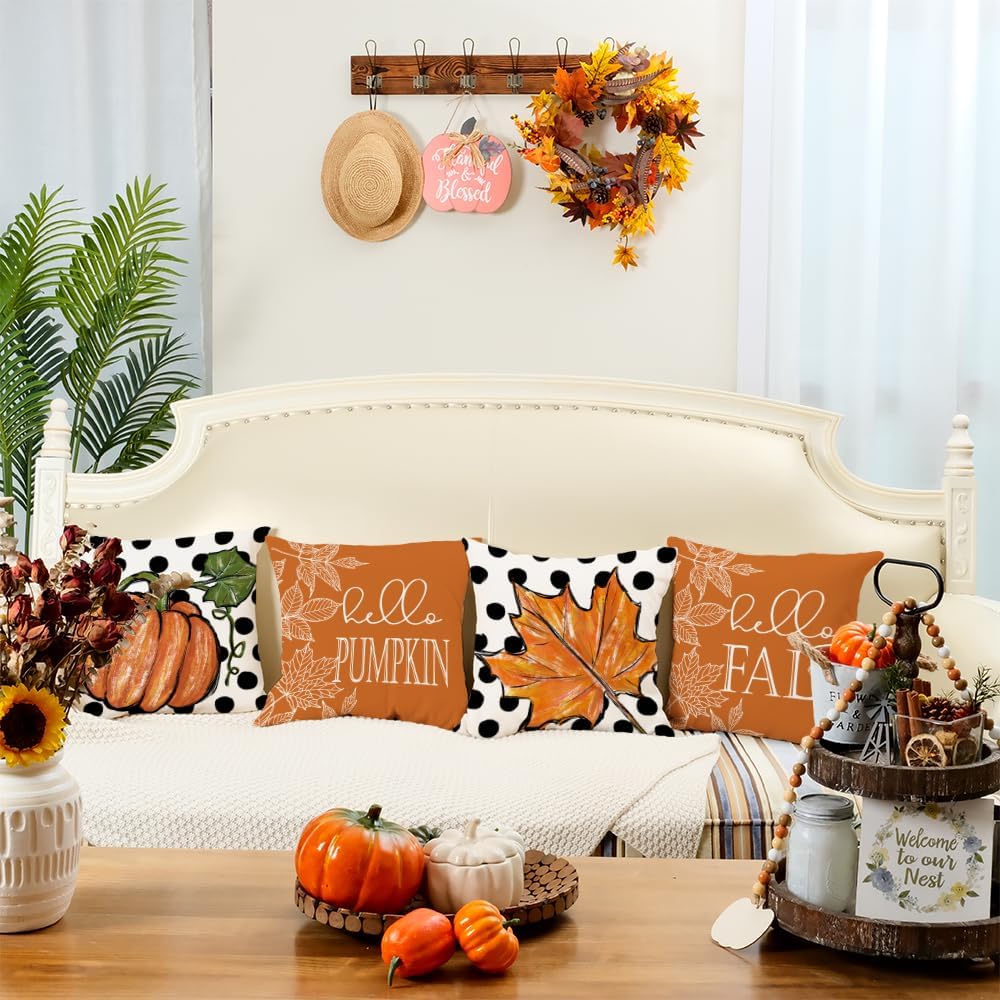 GEEORY Juego de 4 fundas de almohada de otoño de 18 x 18 pulgadas, diseño de hojas de arce con diseño de calabaza y texto en inglés “Hello Pumpkin”,