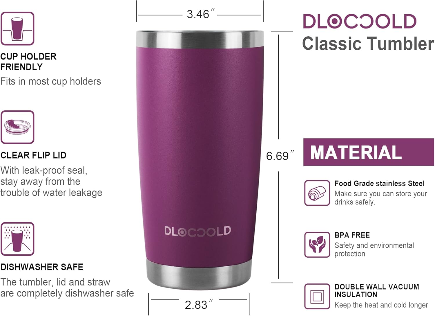 DLOCCOLD – Vaso de acero inoxidable con aislamiento térmico de doble pared al vacío, de 20 o 30 onzas, taza de viaje con tapa y popote