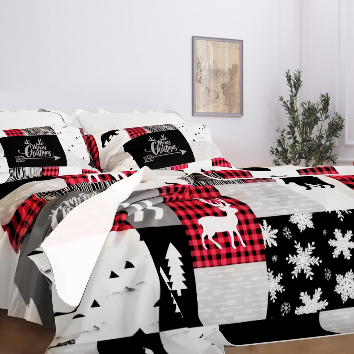 VENTIMI Juego de funda de edredón de Navidad, tamaño King, juego de ropa de cama de Navidad con estampado de ciervos y copos de nieve, 3 piezas (1