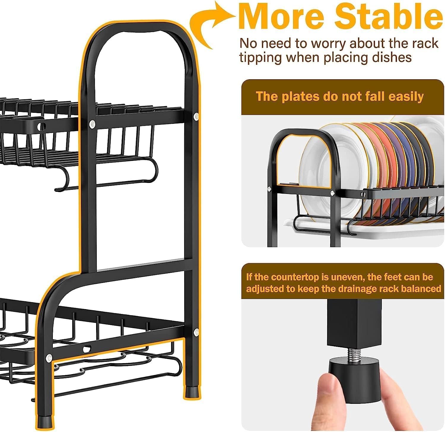 Escurridor de platos, juego de 2 niveles de acero inoxidable con soporte para cubiertos, soporte para tabla de cortar, escurridor de platos para