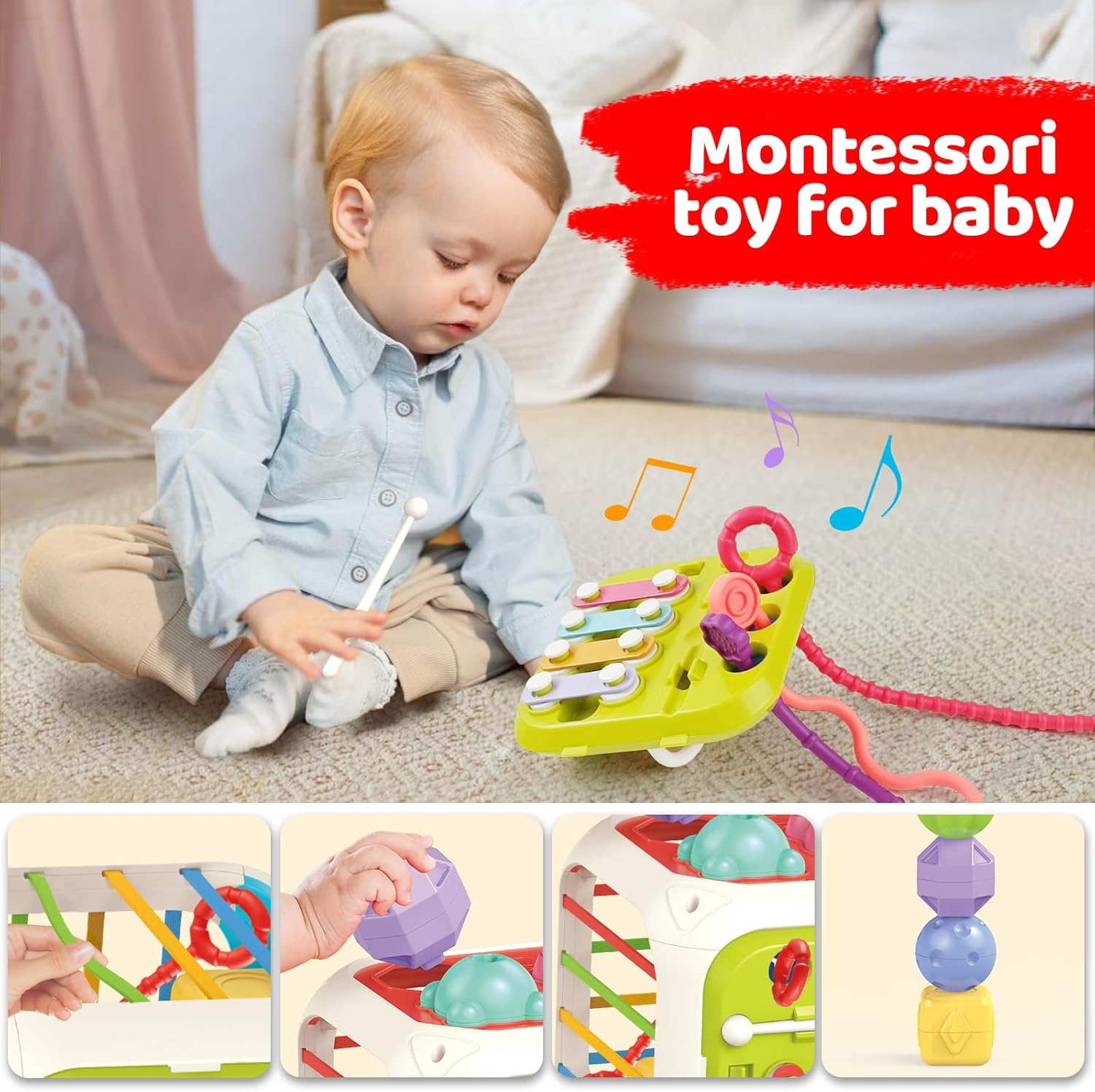 Juguetes Montessori 5 en 1 para bebés, juguetes sensoriales para niños pequeños, juguete de cuerda de tracción de viaje, clasificador de formas y