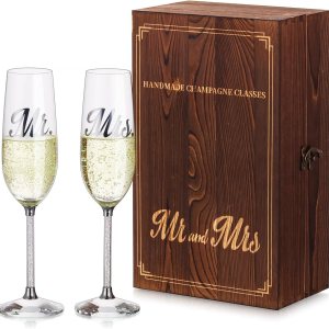 NUPTIO Copas de champán de cristal juego de 2 copas de champán de boda con caja de regalo de madera, flauta de brindis de Mr & Mrs para novia, NUPTIO Copas de champán de cristal juego de 2 copas de champán de boda con caja de regalo de madera, flauta de brindis de Mr & Mrs para novia,