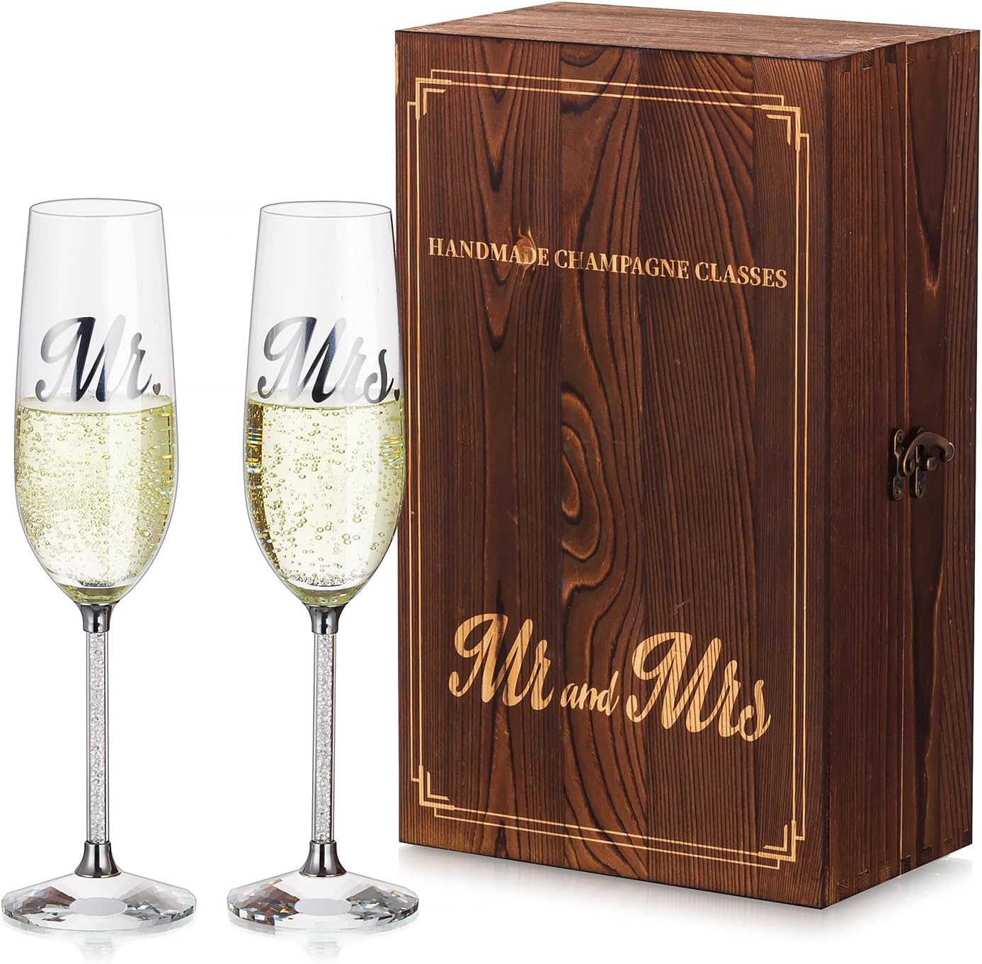 NUPTIO Copas de champán de cristal juego de 2 copas de champán de boda con caja de regalo de madera, flauta de brindis de Mr & Mrs para novia,