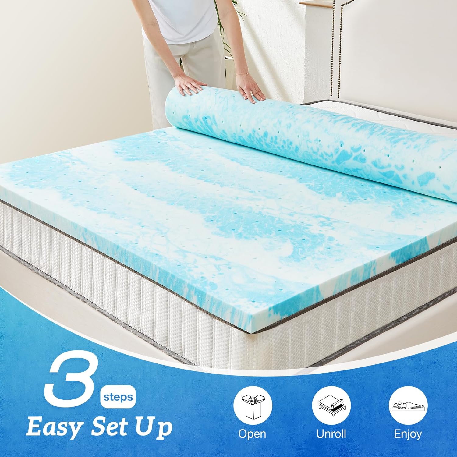 Sweetcrispy Cubrecolchón de espuma viscoelástica gruesa con infusión de gel refrescante para cama de tamaño individual XL, almohadillas de colchón