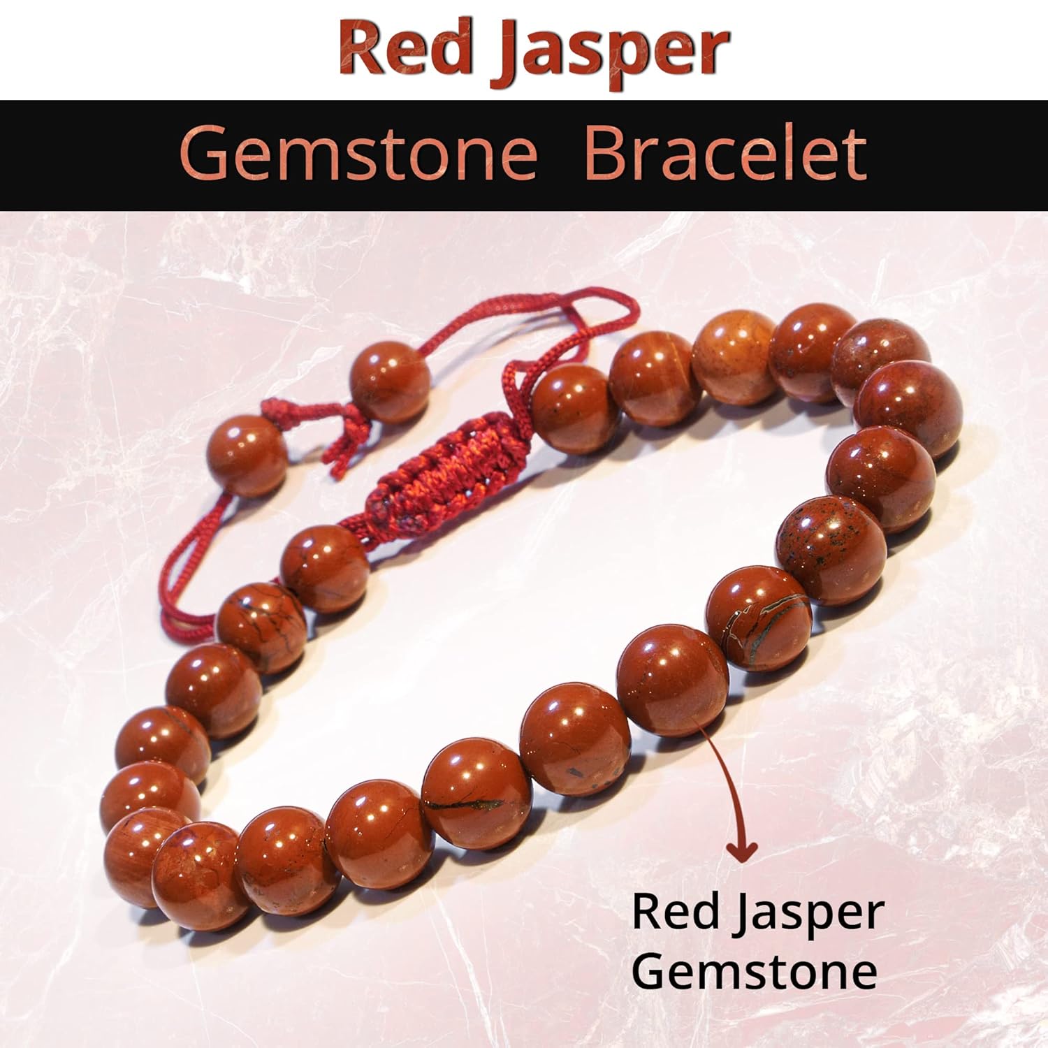Red Jasper Crystal Bracelet  Gemstone Bead Bracelet with Adjustable Macrame String  Chic Gemstone Bracelet for Men and Women  8mm Round Healing
