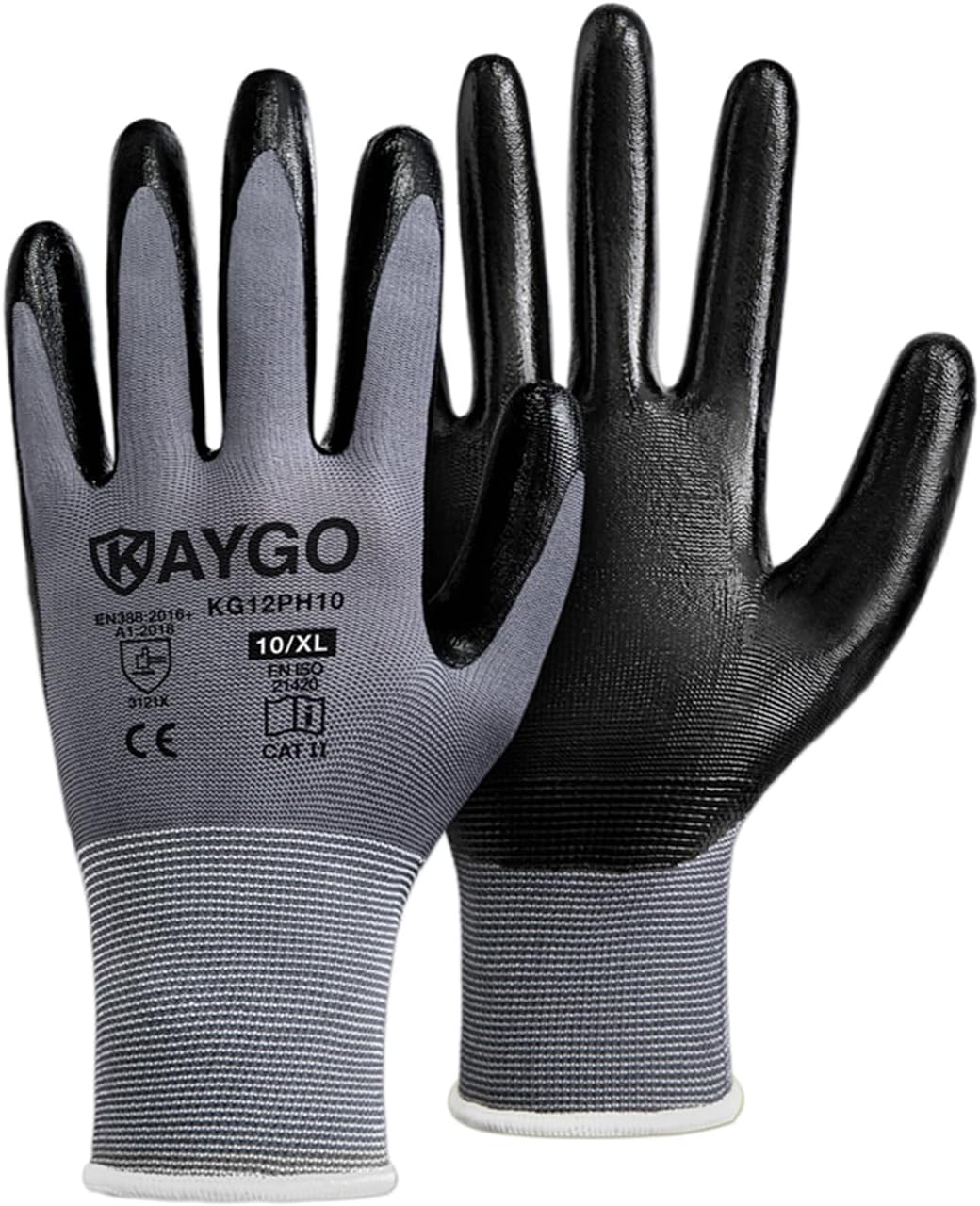 KAYGO Guantes de trabajo con revestimiento de nitrilo, 6 pares KG12N, guantes de trabajo de seguridad con buen agarre para hombres y mujeres,