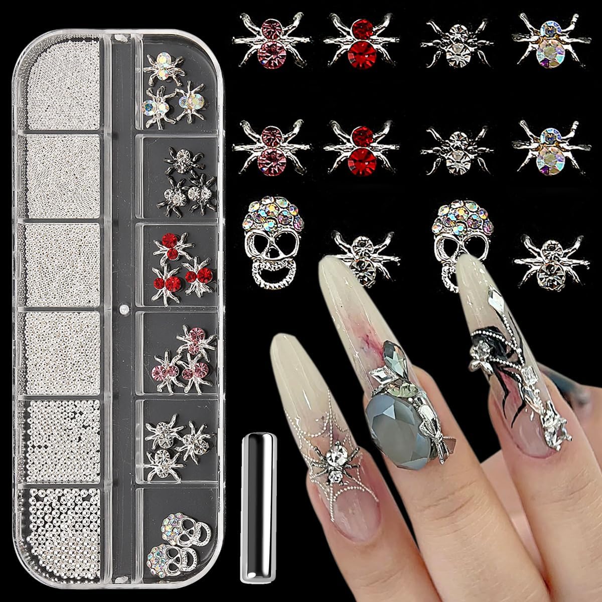 Dijes de uñas de Halloween 3D, dijes de uñas de araña, decoración espeluznante de arte de uñas de calavera de Halloween, dijes de esqueleto, cuentas