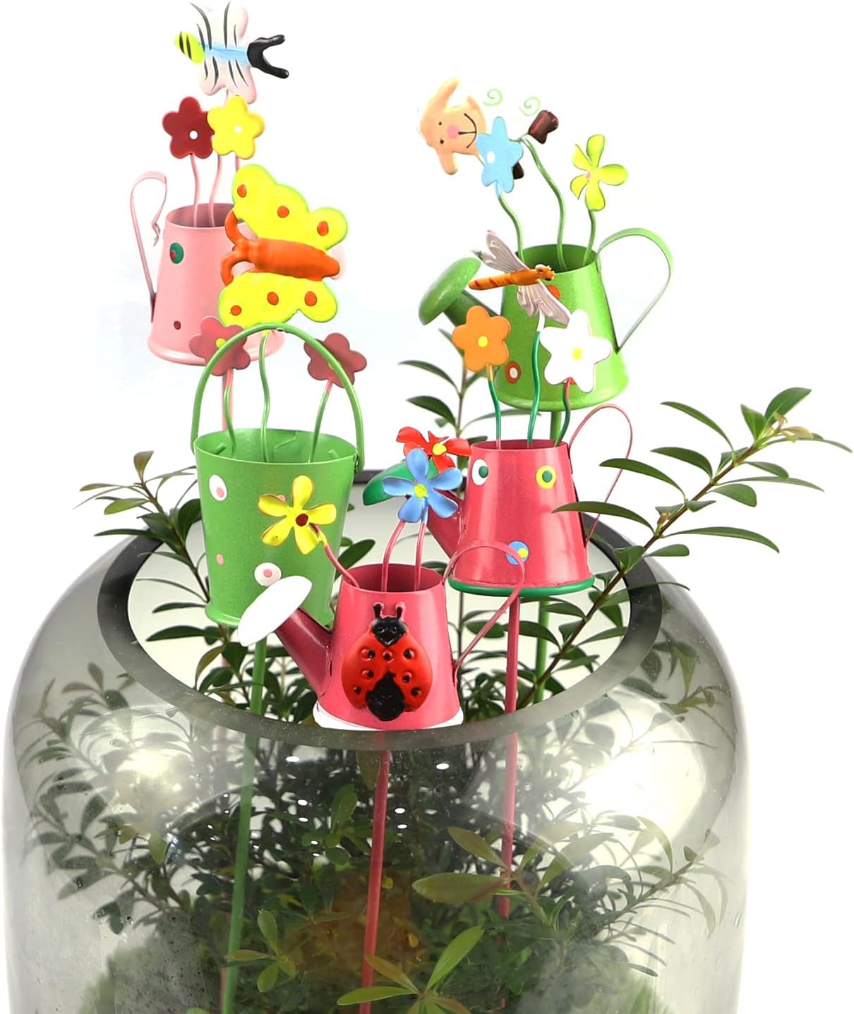 Paquete de 5 púas de metal para jardín de 10 pulgadas, estacas decorativas para plantas en maceta, regadera pequeña con estaca floral de animales,