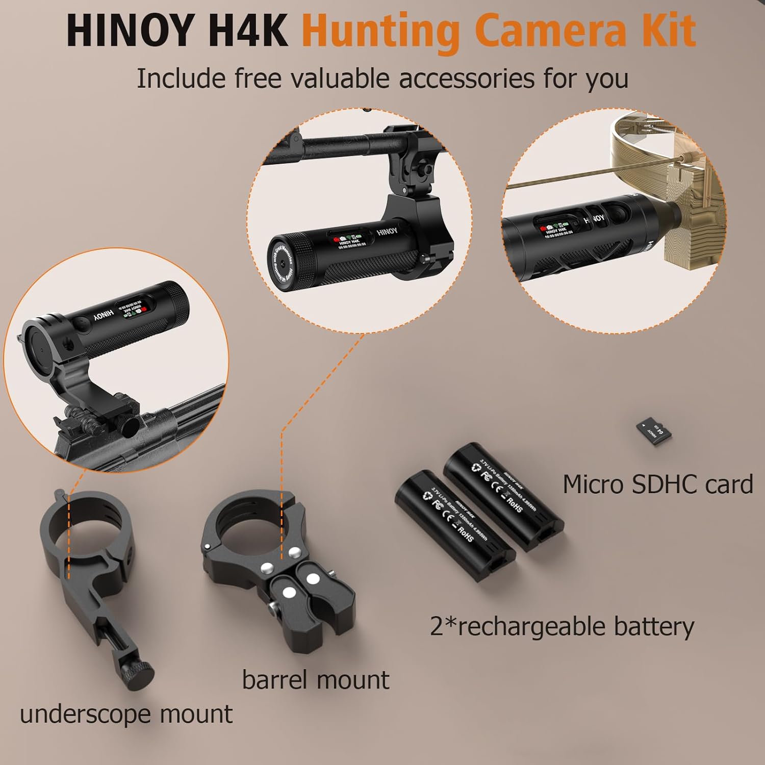 Kit profesional de cámara de acción de caza de video H4K, videocámara WiFi real 4K, grabación de 10H, cámara impermeable de 30M, 3 soportes de 64 GB