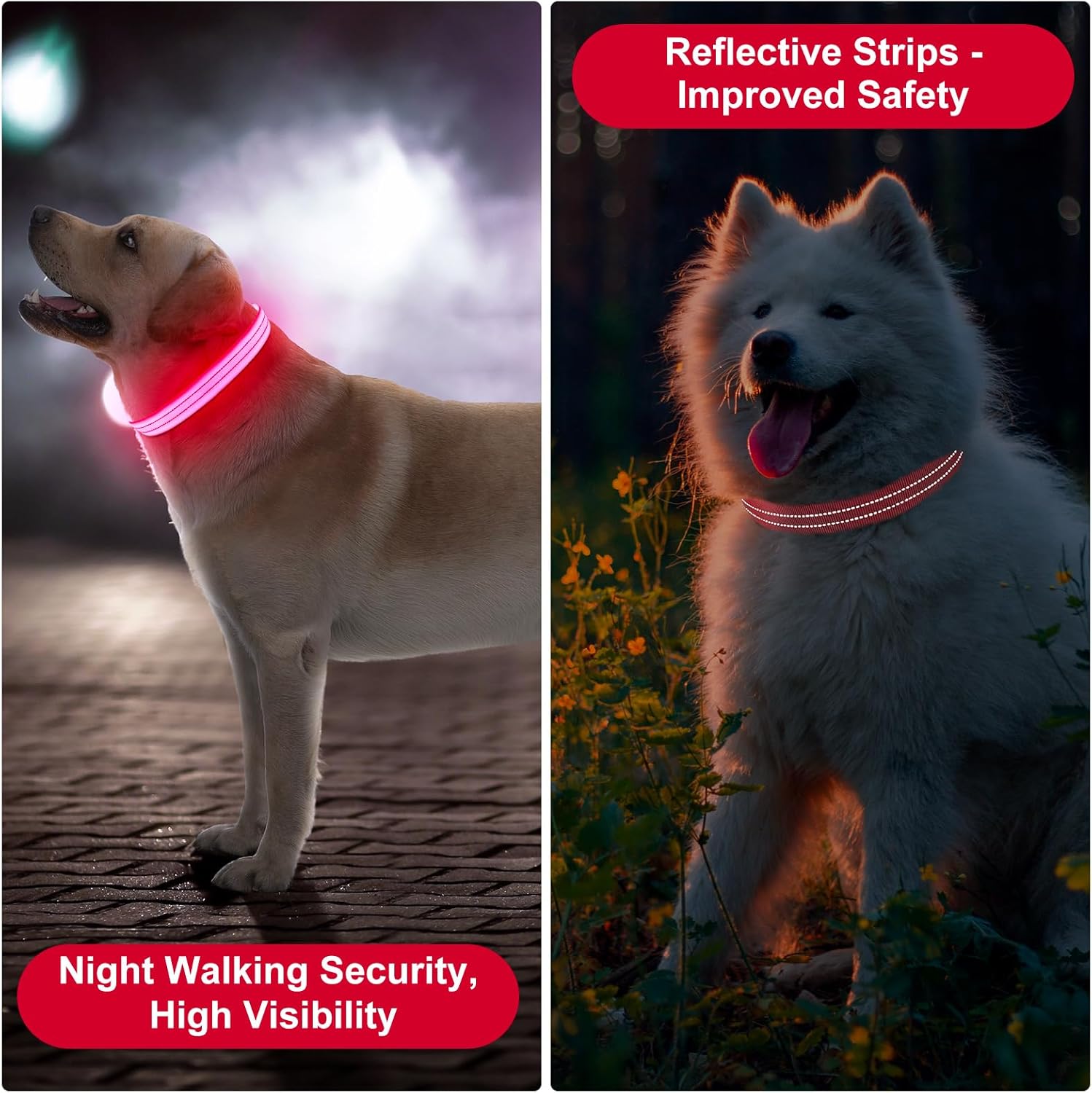 Visinite Collar de perro LED recargable por USB, collares de perro con luz totalmente ajustable para perros pequeños, medianos y grandes, 3 modos
