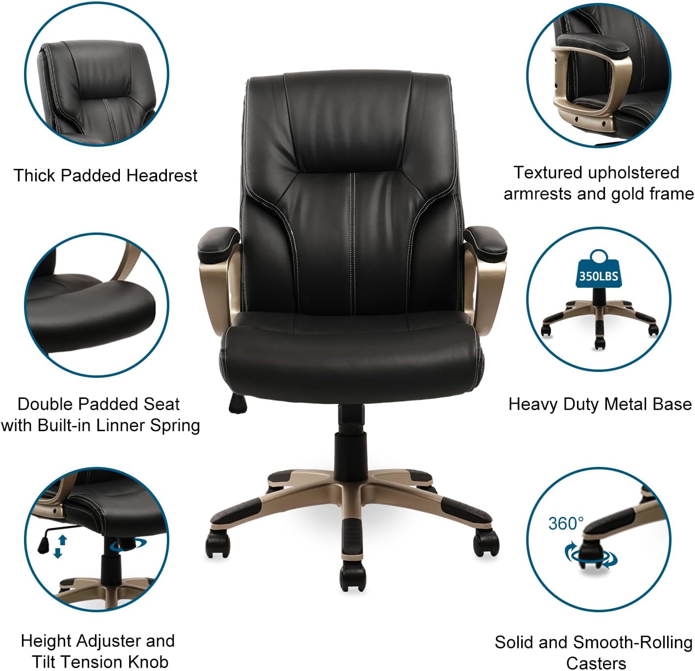 CLATINA Silla de escritorio ergonómica de oficina negra y dorada con soporte lumbar, sillas ejecutivas de cuero con respaldo alto con ruedas y