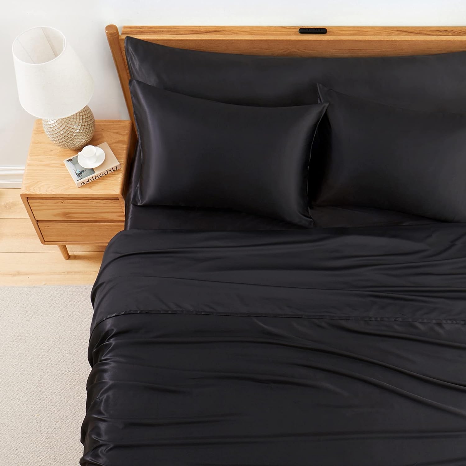 Entisn Juego de sábanas de 4 piezas color negro individual XL con funda de almohada corporal, juego de sábanas de satén sedoso, juego de ropa de