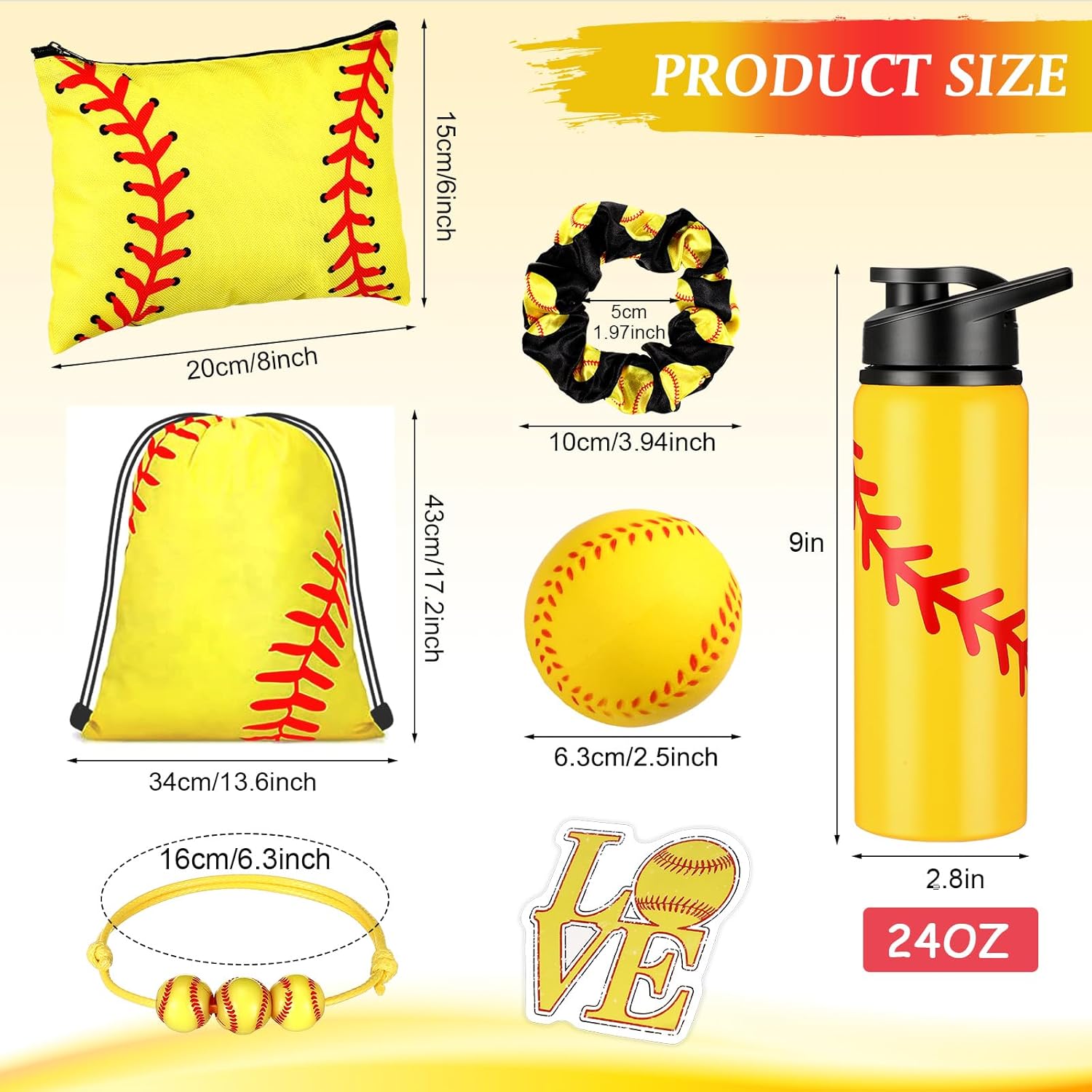 8 regalos de sóftbol incluyendo manta, botella de agua de 23 onzas, bolsa con cordón, bolsa de cosméticos, calcomanías, pulseras, bandas elásticas