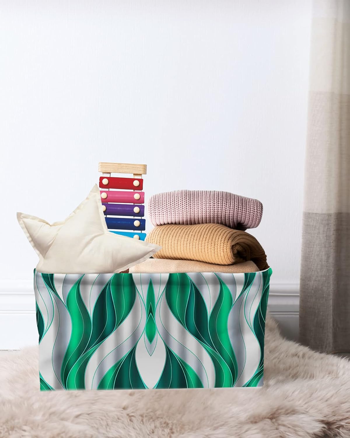 Teal Geometric Storage Basket for Organizing Shelves, Collapsible Storage Bins Boxes with Handle, Modern White Ripple Abstract Art Canvas Hamper