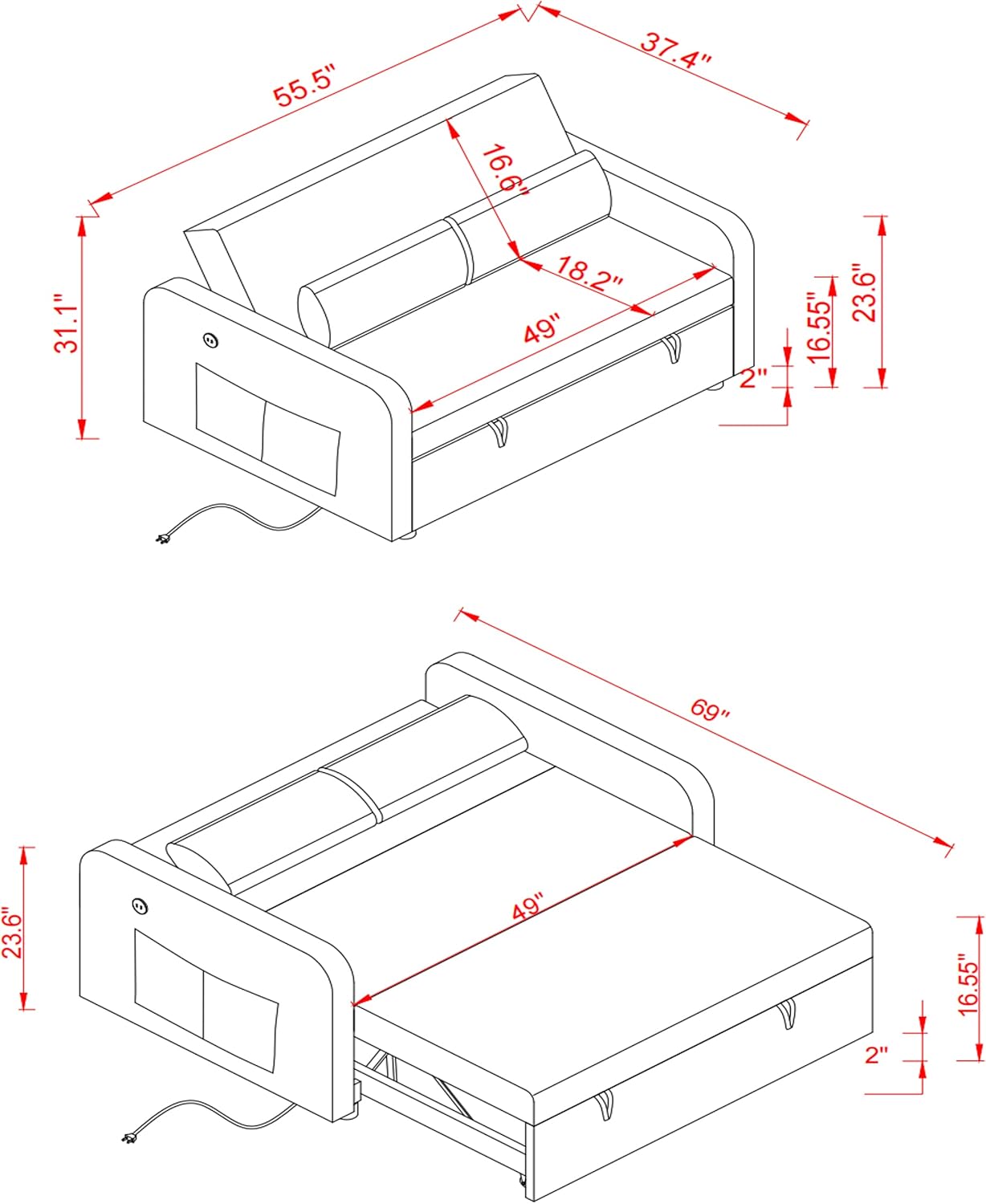 Puertos USB de 55.5 pulgadas y bolsillos laterales, convertible multifuncional 3 en 1, 2 almohadas lumbares, sofá biplaza con cama extraíble, para