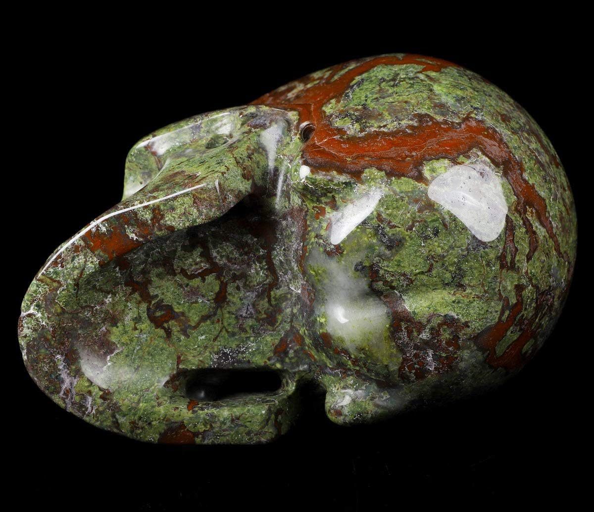 Calavera de cristal de jaspe de sangre de dragón de 5.0 pulgadas, escultura de arte fino de piedras preciosas talladas a mano, estatua de piedra
