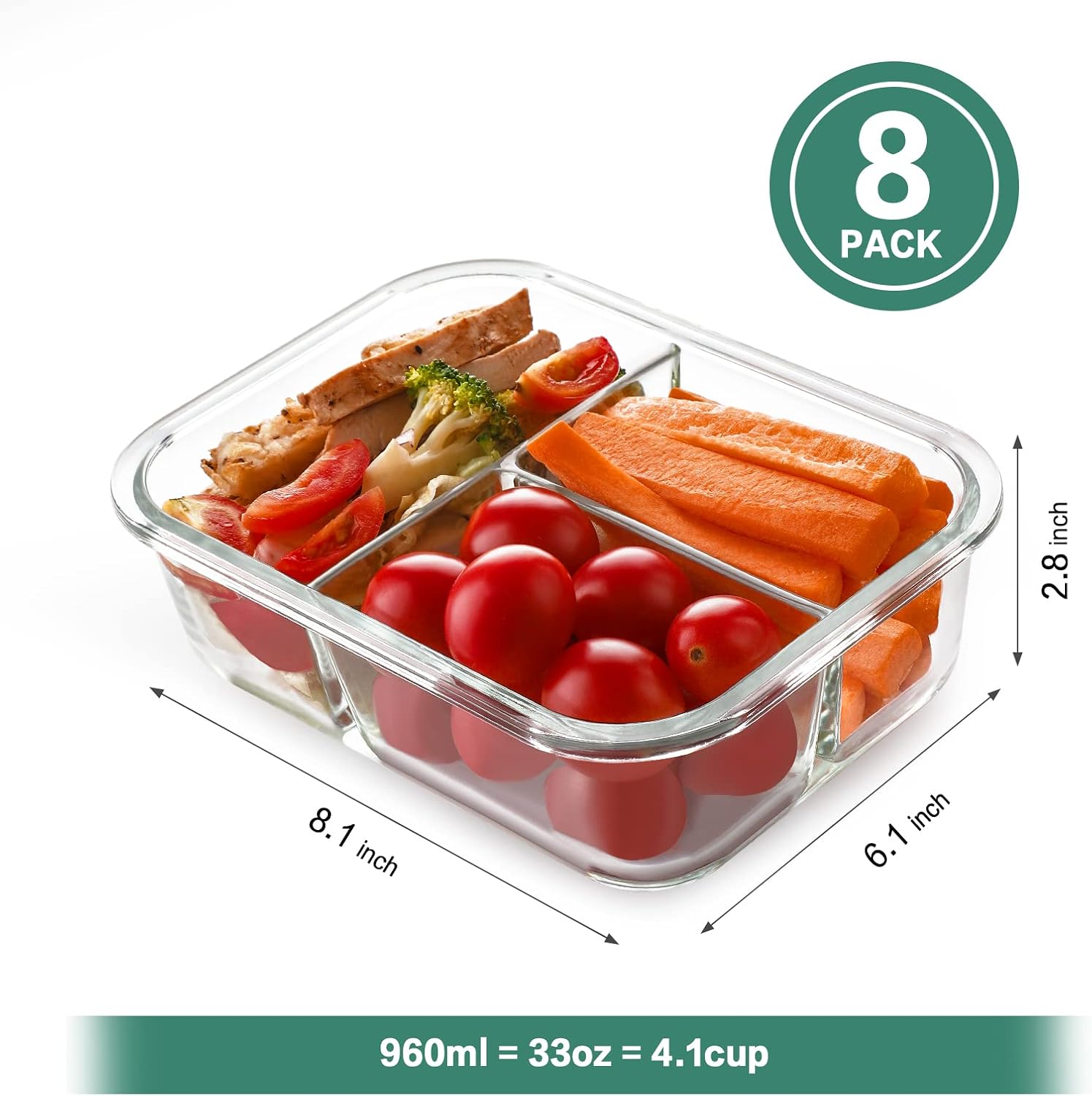 HOMBERKING Paquete de 8 recipientes de vidrio para preparación de comidas, 3 compartimentos, recipientes de vidrio de almacenamiento de alimentos de