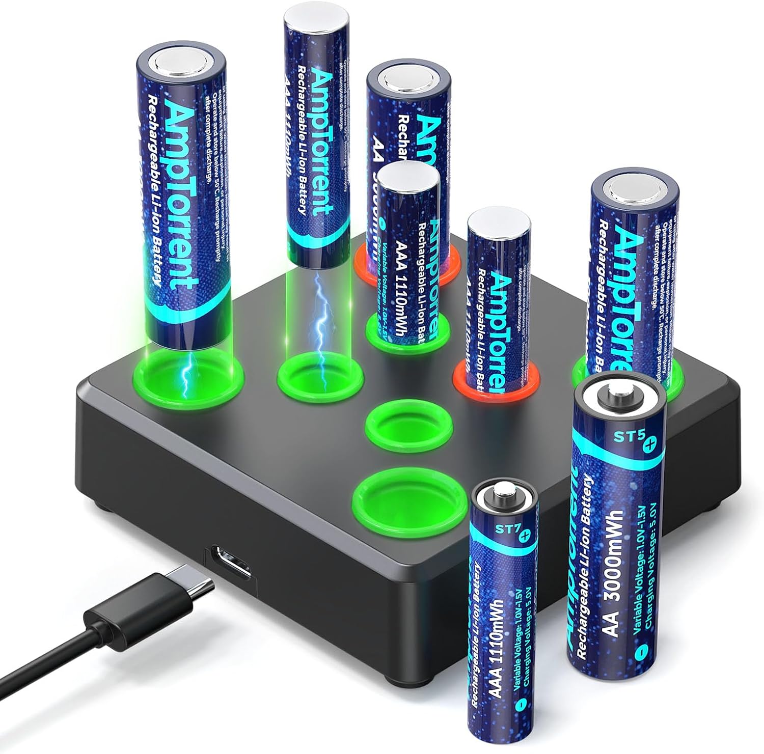 AmpTorrent Baterías recargables con cargador, baterías de litio recargables de 1.5 V, batería recargable de litio AAA y AA de alta capacidad, carga