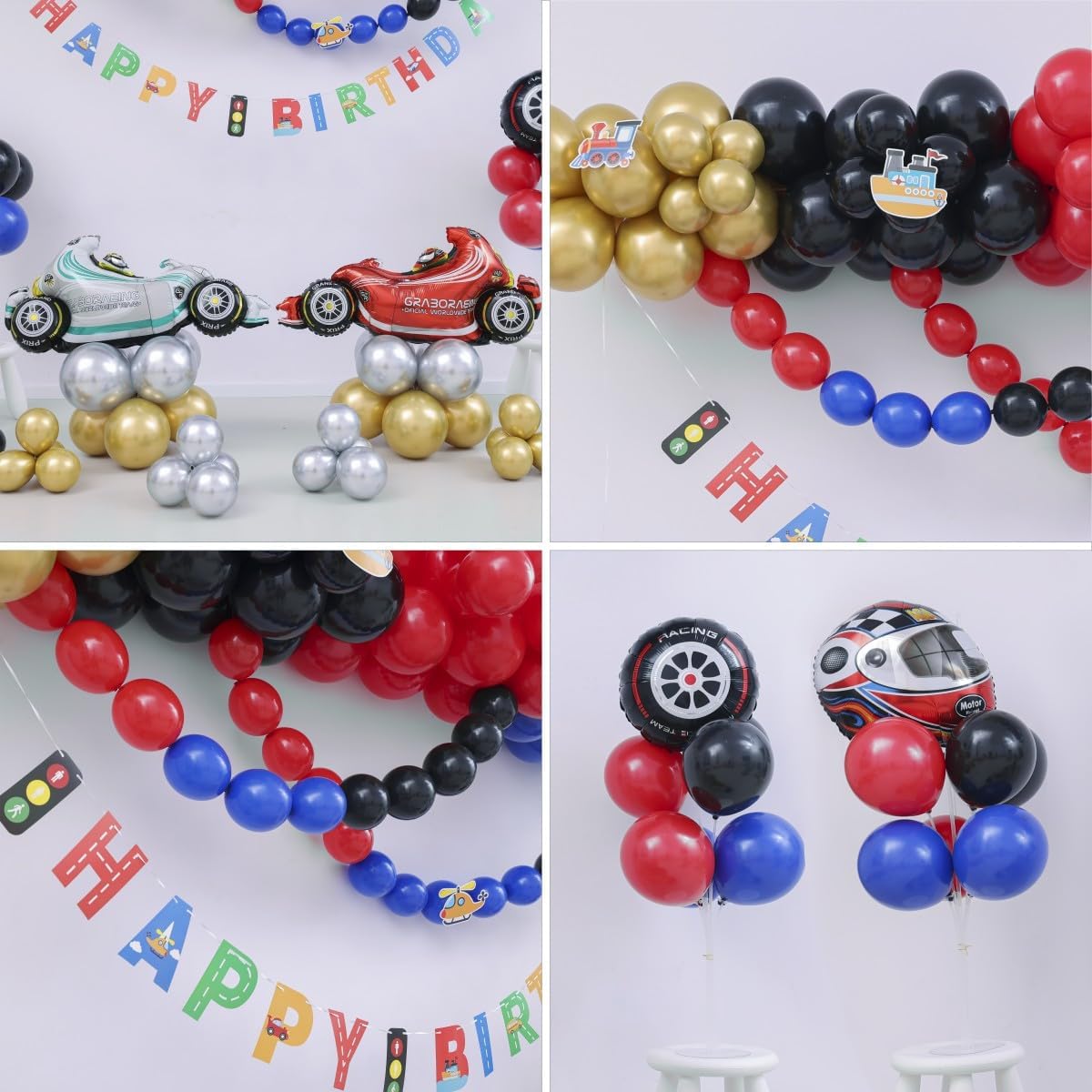 Suministros para fiesta de cumpleaños de coche de carreras decoración de primer cumpleaños para niños o niñas con casco de motor, globo de