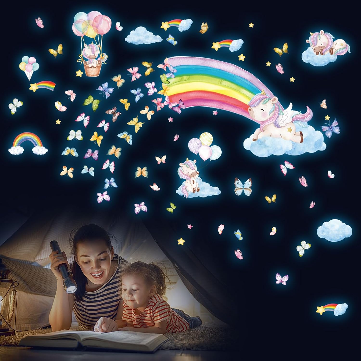 Calcomanías de pared grandes que brillan en la oscuridad de arcoíris y unicornio, calcomanías de pared brillantes y luminosas, calcomanías de pared