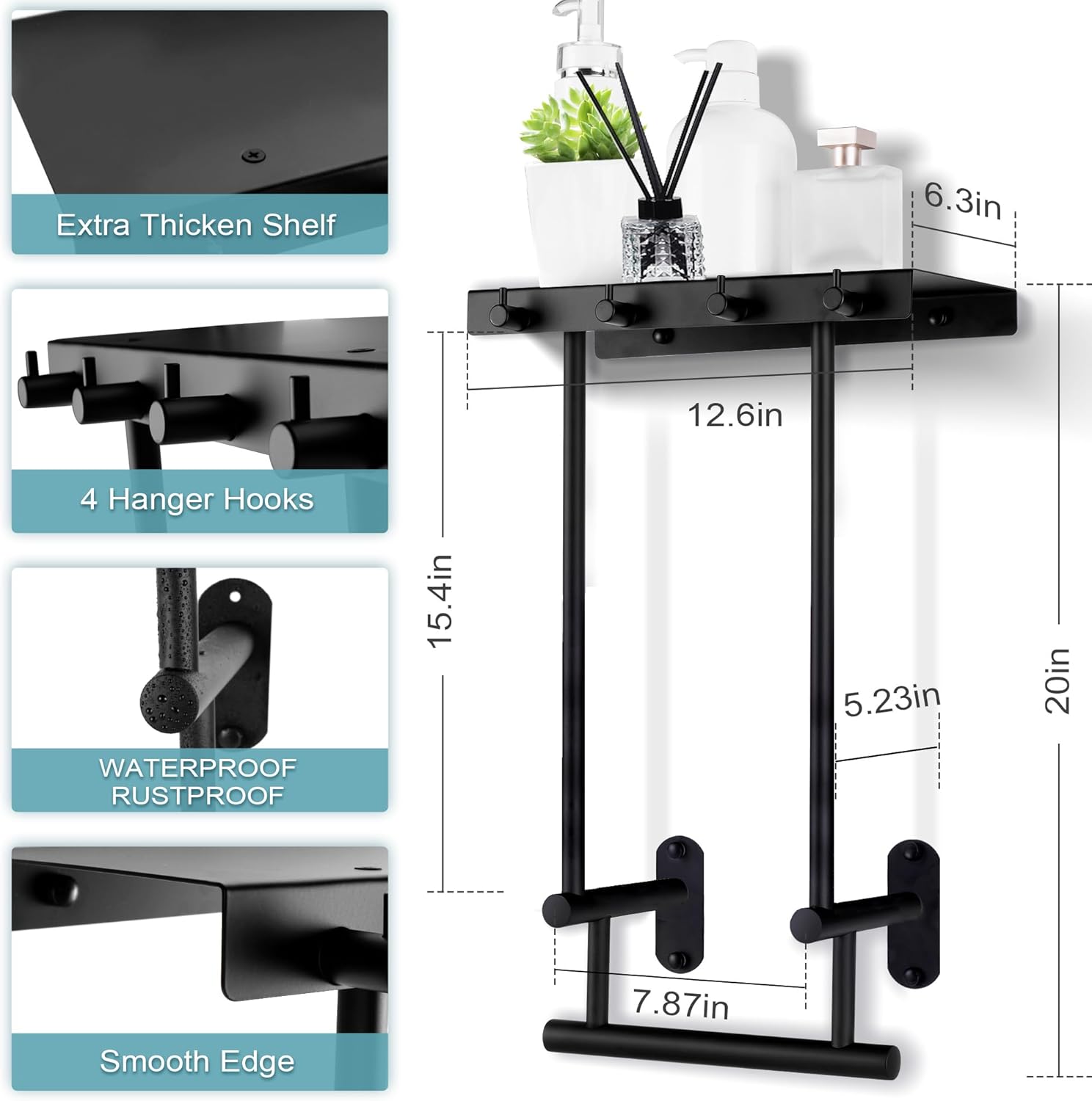 Toallero montado en la pared con estante de metal y 4 ganchos, toallero de acero inoxidable para baño pequeño, almacenamiento de toallas de baño,