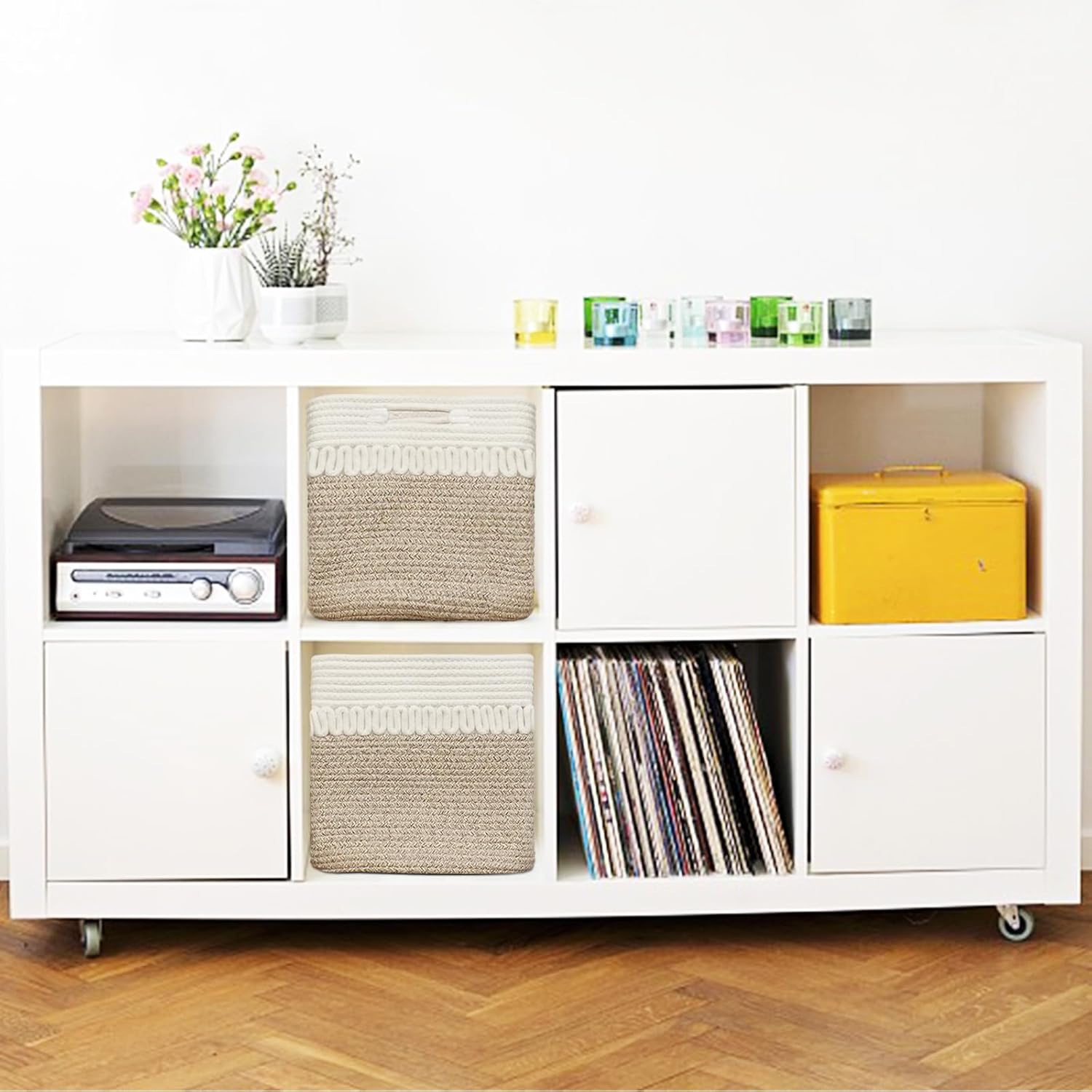 Paquete de 2 cestas de almacenamiento pequeñas, cubos de almacenamiento de 11 x 11 x 11 pulgadas para estantes, canasta de juguetes para bebés y
