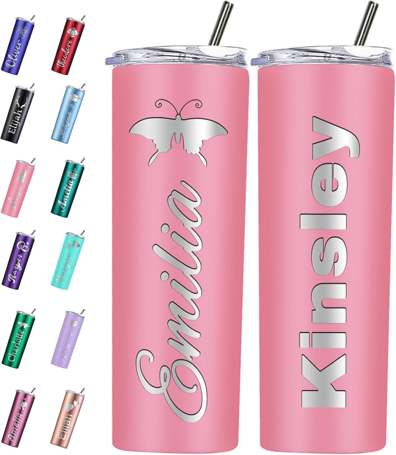 Vaso personalizado personalizado con nombre grabado y logotipo, vasos delgados personalizados con tapa y pajita, vaso aislado de acero inoxidable de