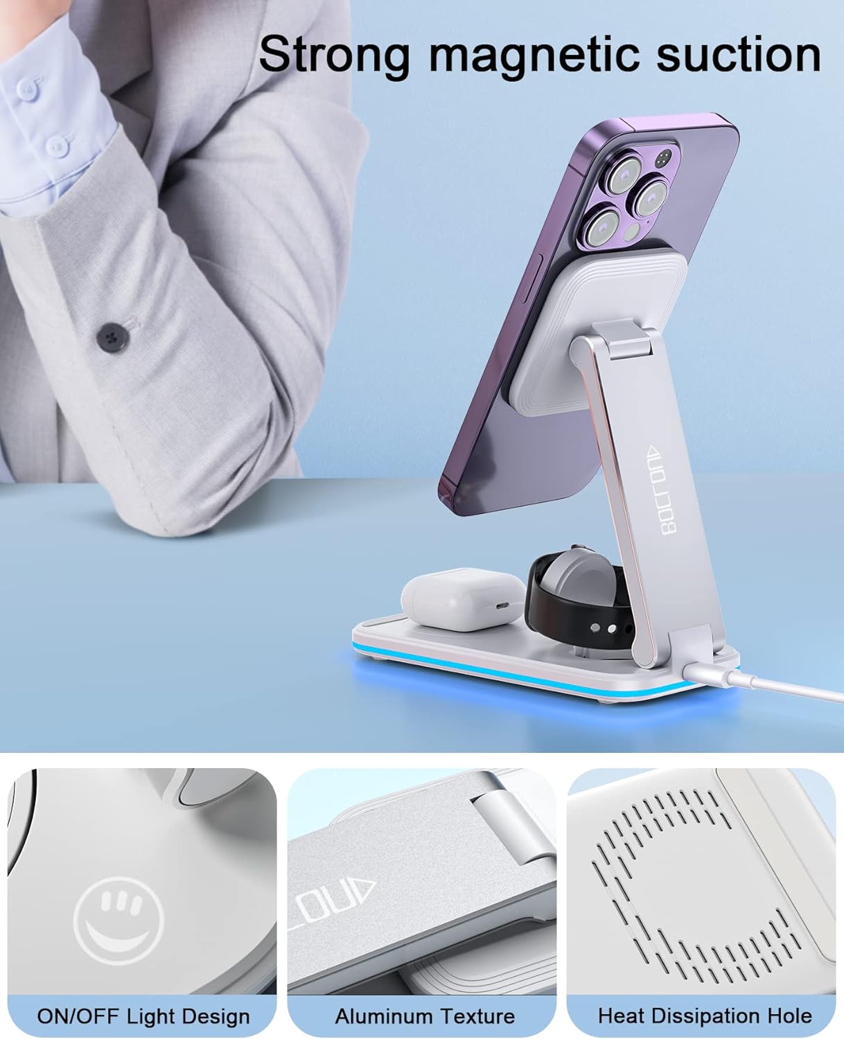 BOCLOUD Estación de carga inalámbrica 3 en 1, soporte de carga portátil, cargador inalámbrico rápido para iPhone 15, 14, 13, 12 Pro MaxProMini,