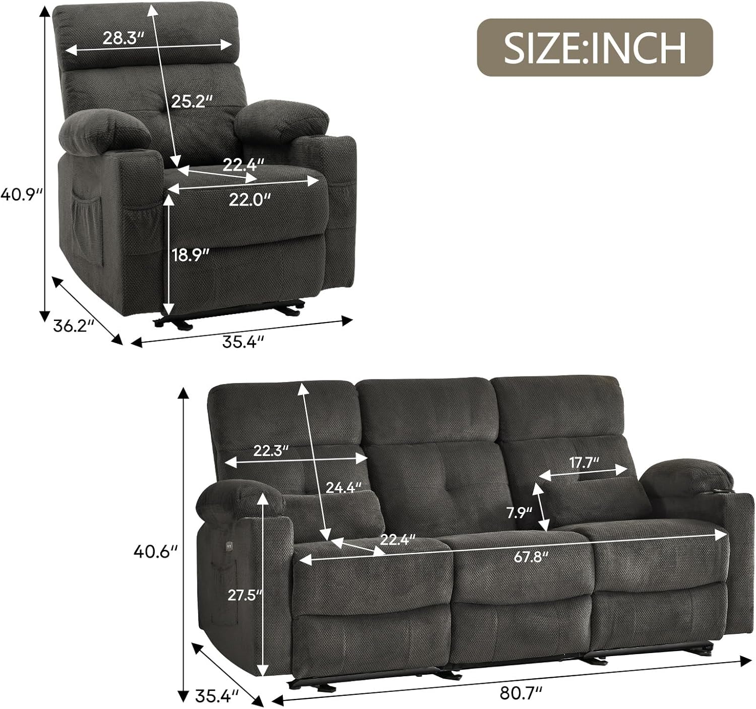 Consofa Juego de sofá reclinable para sala de estar, juego de sofá reclinable de 2 piezas, sofá reclinable eléctrico y reclinable, sofá reclinable,