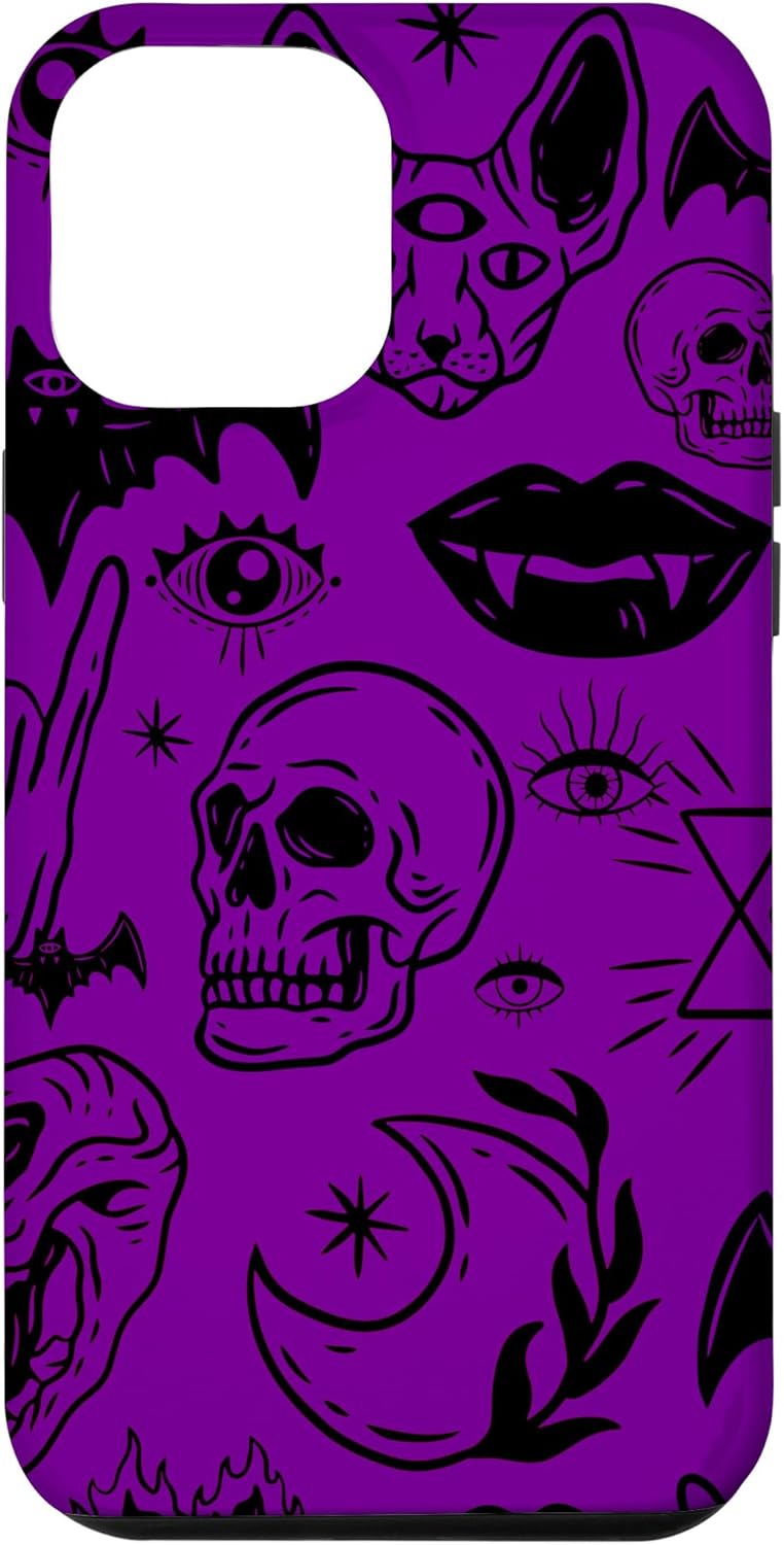 Funda púrpura para iPhone 14 Plus Halloween Skull Sphinx Cat