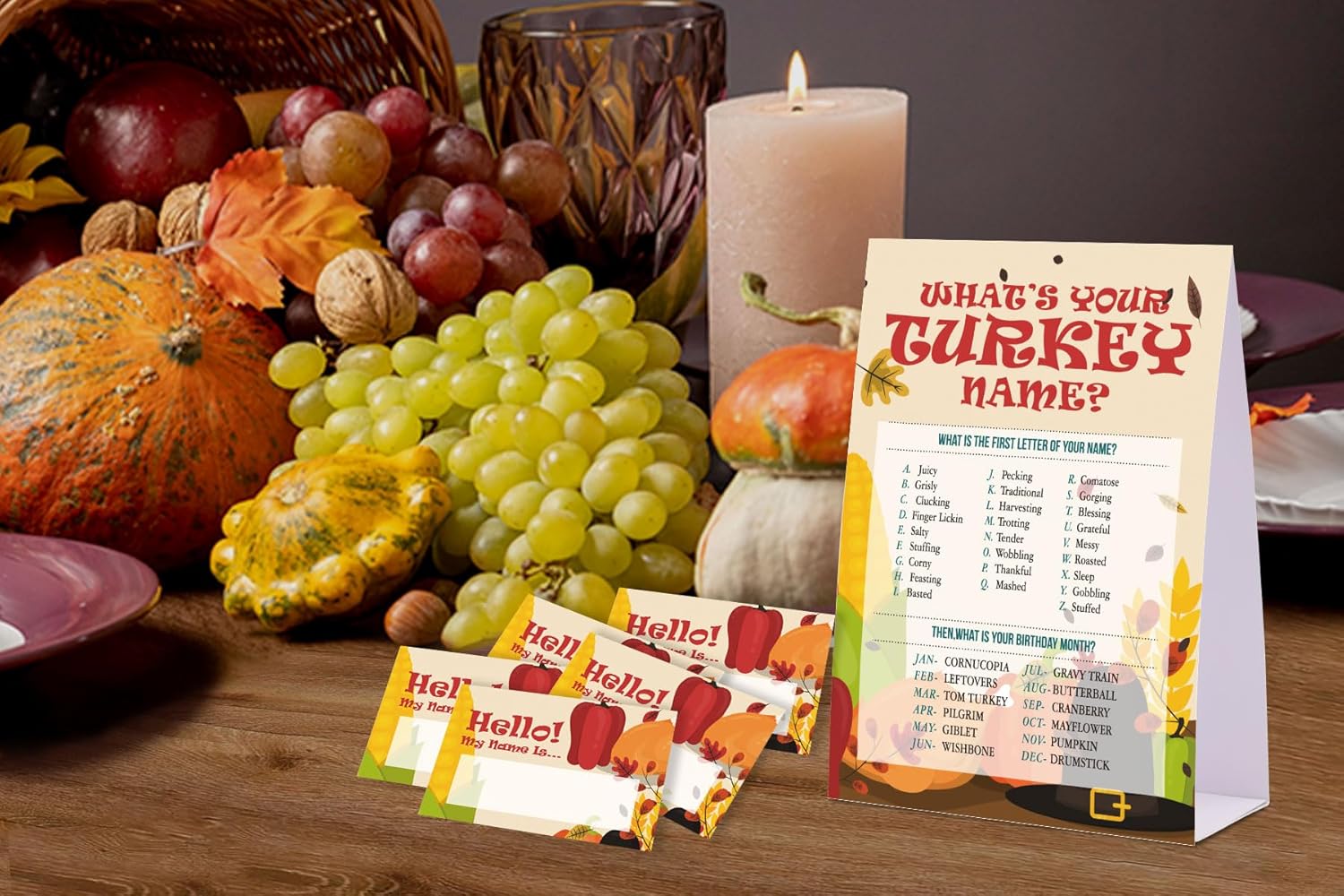 Juego de nombre de Acción de Gracias, con texto en inglés “What’s Your Turkey”, paquete de 1 letrero y 30 etiquetas de nombre, juegos de fiesta de
